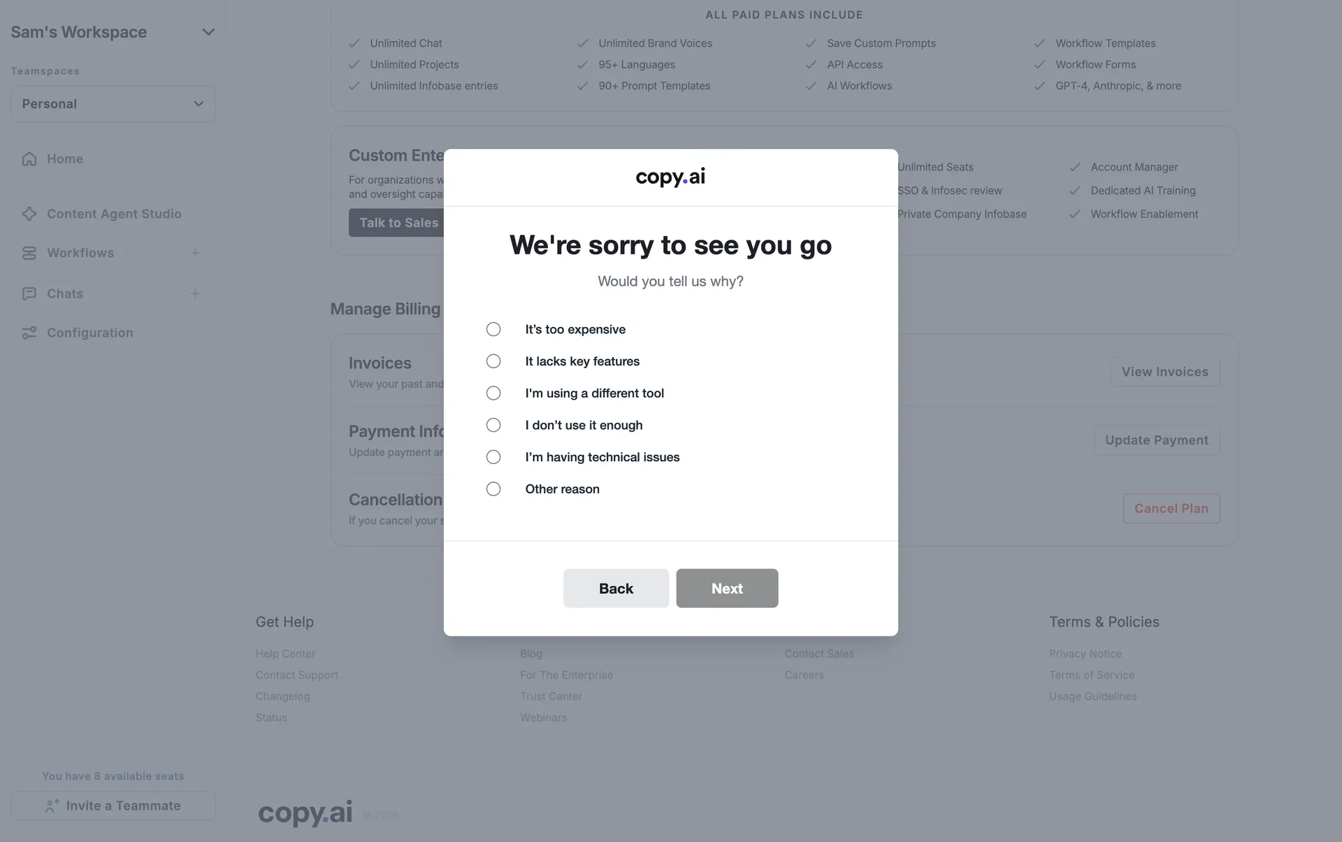 Copy.ai cancellation dialog titled We're sorry to see you go with six radio-button reasons and Back and Next buttons