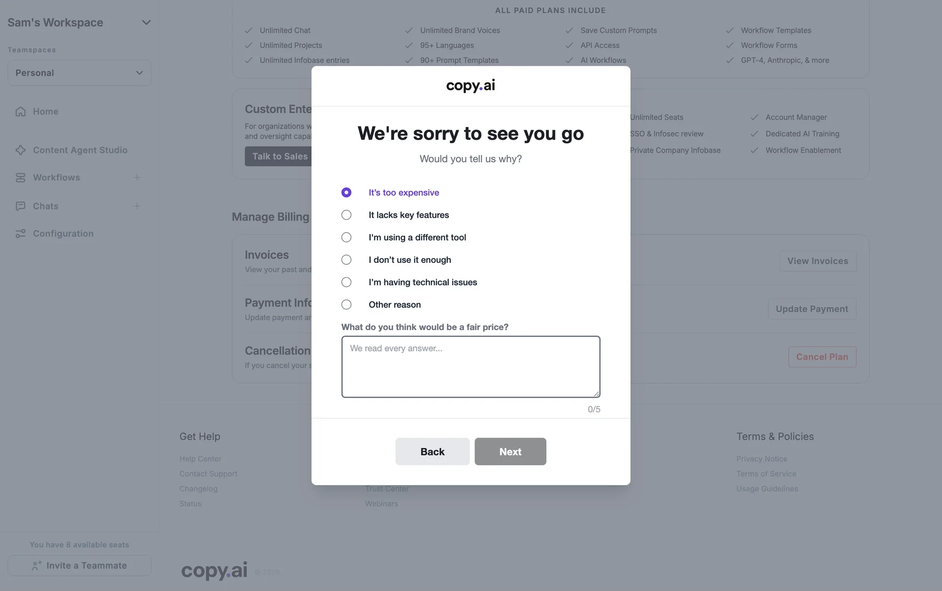 Cancellation dialog with It's too expensive selected, revealing a What do you think would be a fair price text box with a character counter