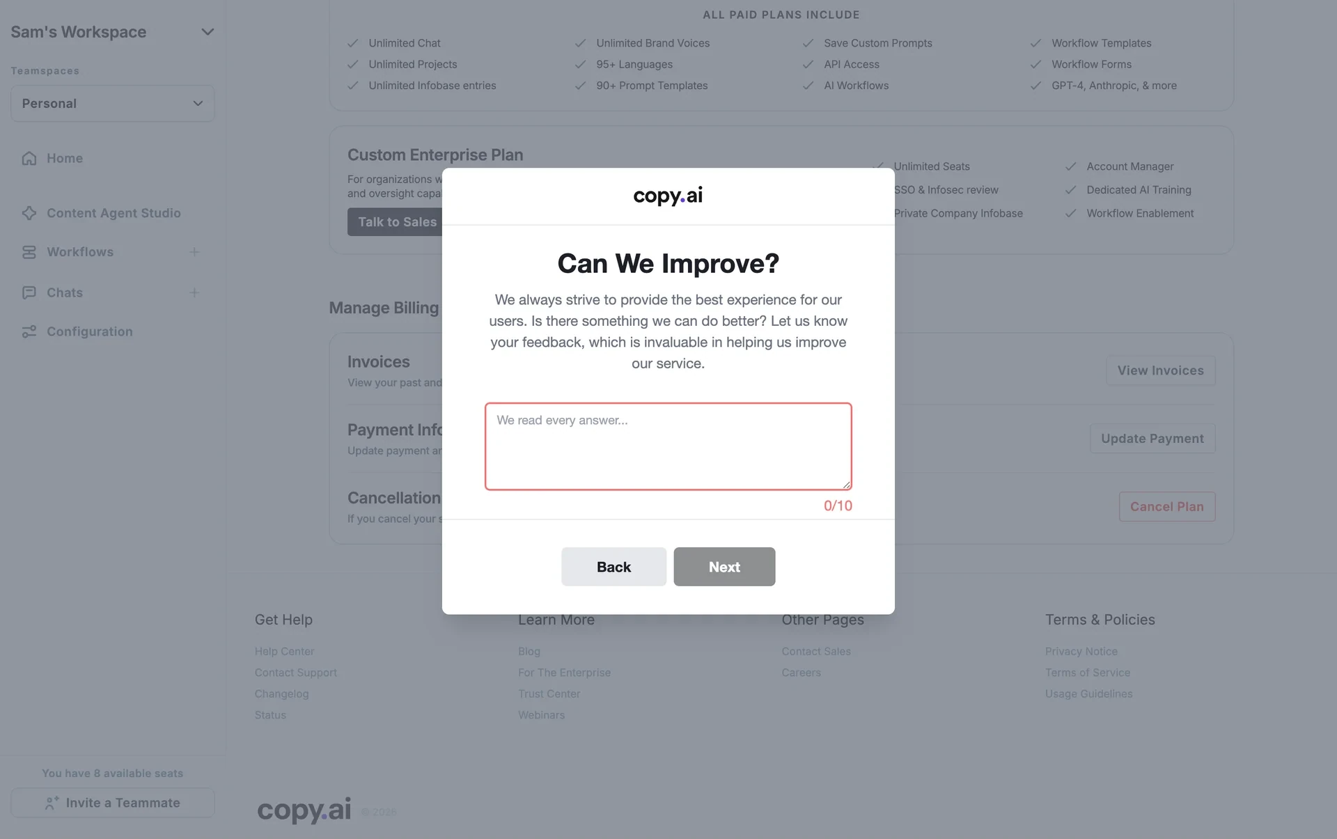 Copy.ai Can We Improve feedback screen with a text area and a Next button that activates once enough characters are entered