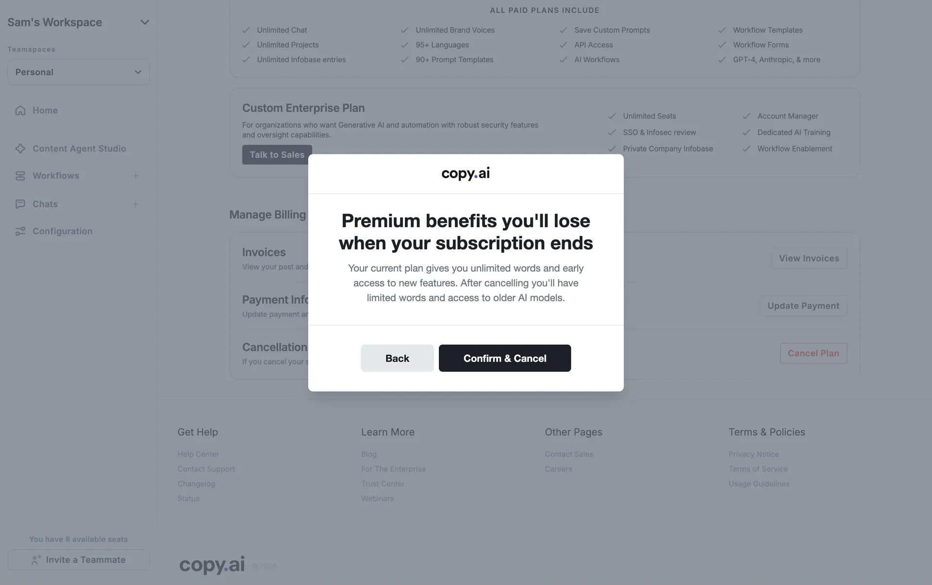 Copy.ai retention screen titled Premium benefits you'll lose when your subscription ends with Back and Confirm & Cancel buttons