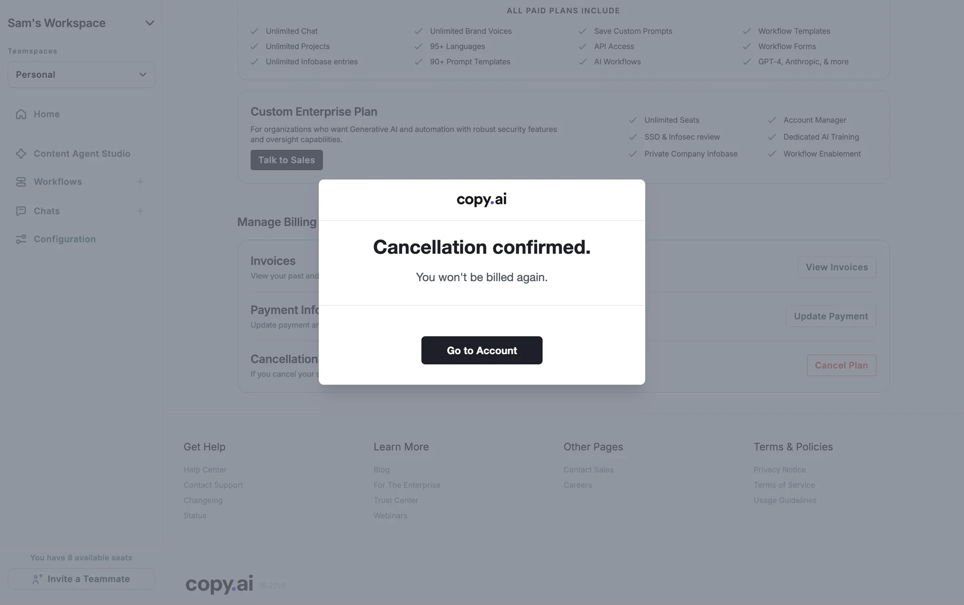 Copy.ai Cancellation confirmed dialog stating You won't be billed again with a Go to Account button