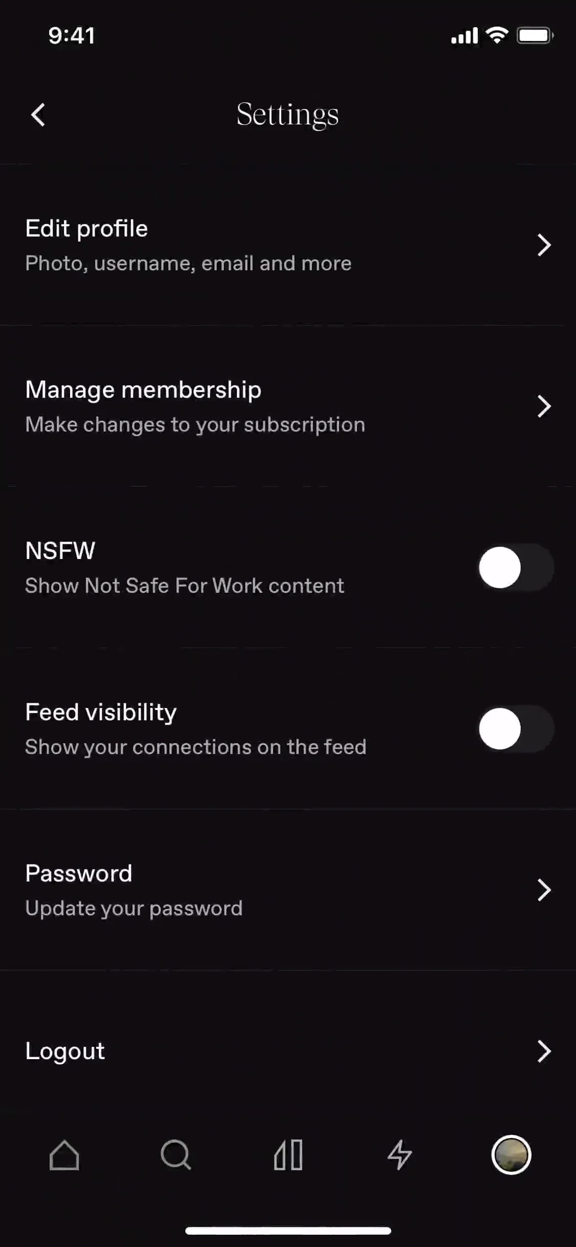 Cosmos iOS Settings screen listing Edit profile, Manage membership with subtitle Make changes to your subscription, NSFW and Feed visibility toggles, Password, and Logout