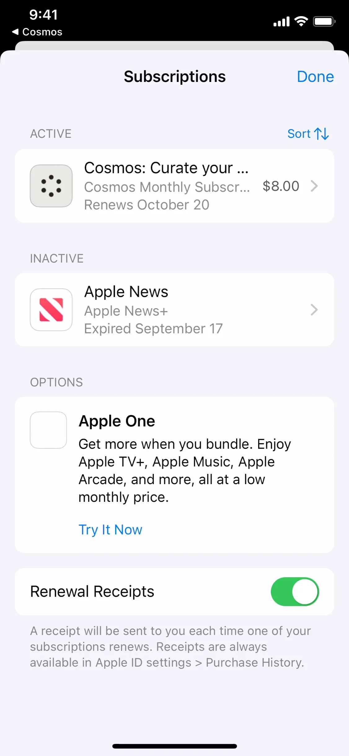 iOS Settings Subscriptions list with Active Cosmos Monthly Subscription at $8.00 renewing on a listed date, an Inactive Apple News+ row, and an Apple One promo card