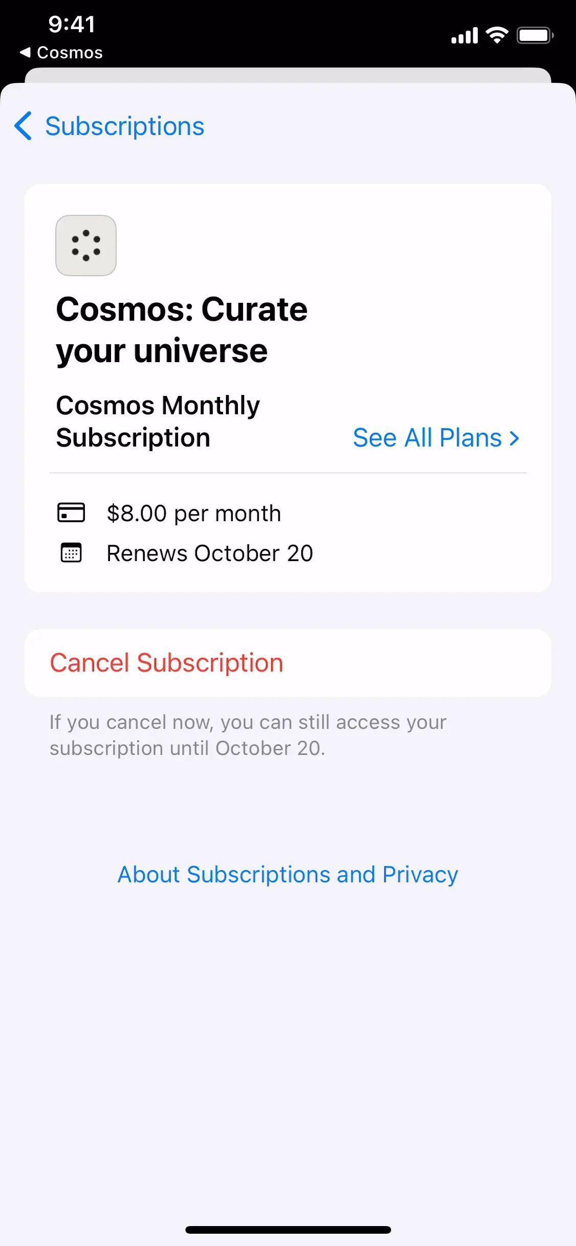 iOS subscription detail for Cosmos: Curate your universe showing Cosmos Monthly Subscription, $8.00 per month, Renews October 20, a red Cancel Subscription button, and gray text that access continues until October 20