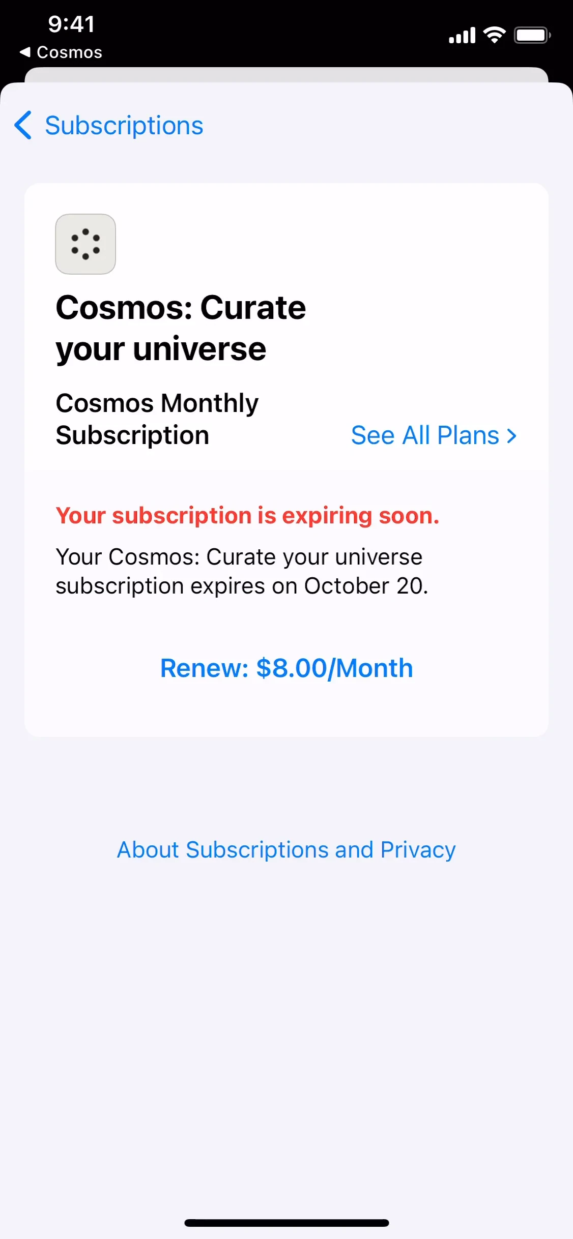 Cosmos subscription sheet after cancel showing red Your subscription is expiring soon text, expiration on October 20, and a blue Renew: $8.00/Month button