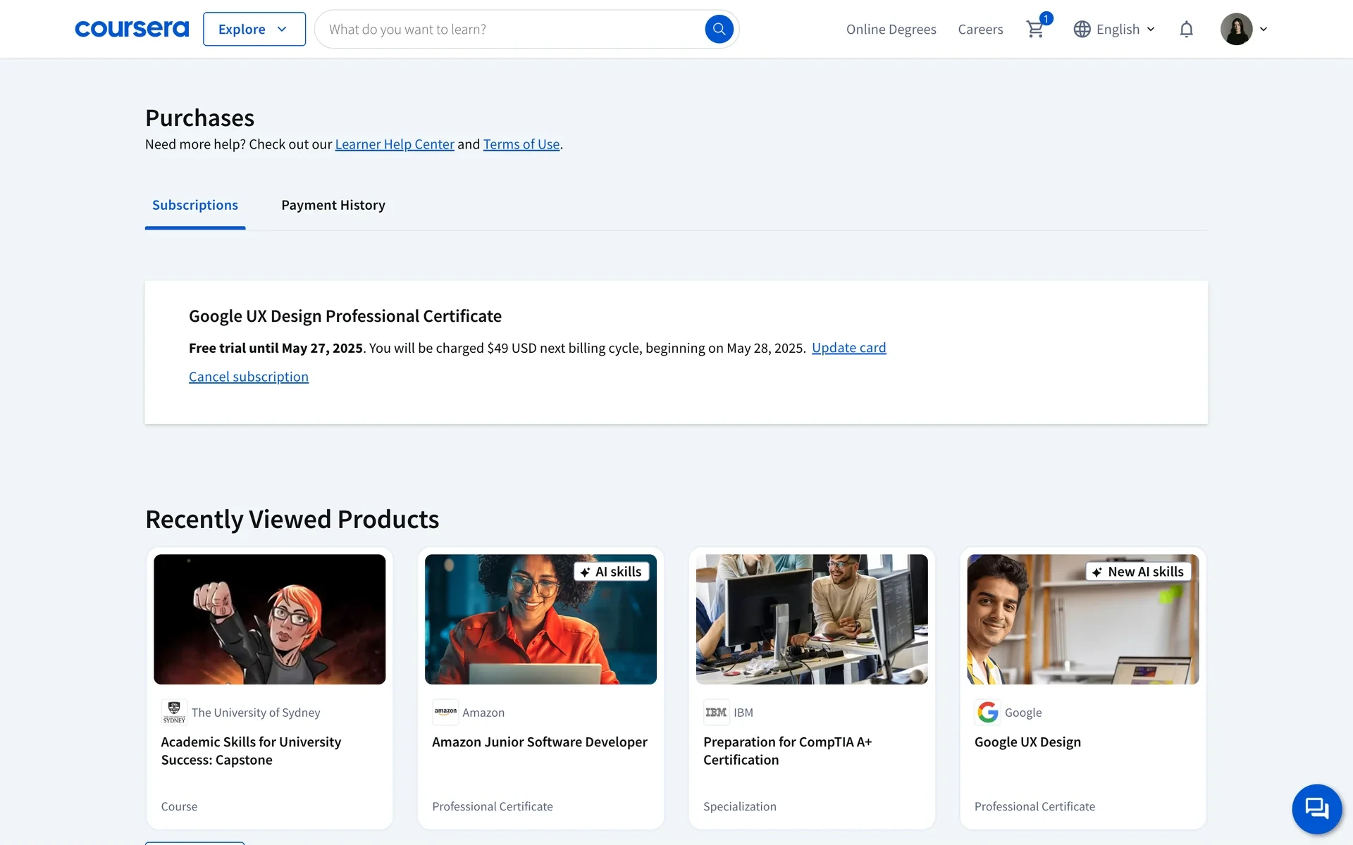 Coursera Purchases page on the Subscriptions tab showing a Google UX Design Professional Certificate free trial with a $49 USD next billing cycle notice and a Cancel subscription link