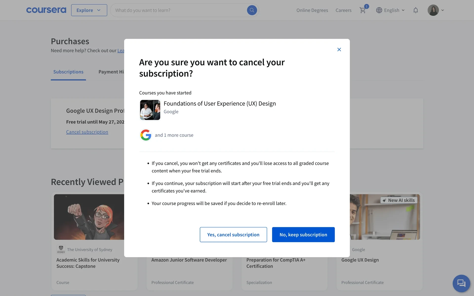 Coursera confirmation modal listing started courses with warnings about losing certificates and graded content, with Yes, cancel subscription and No, keep subscription buttons