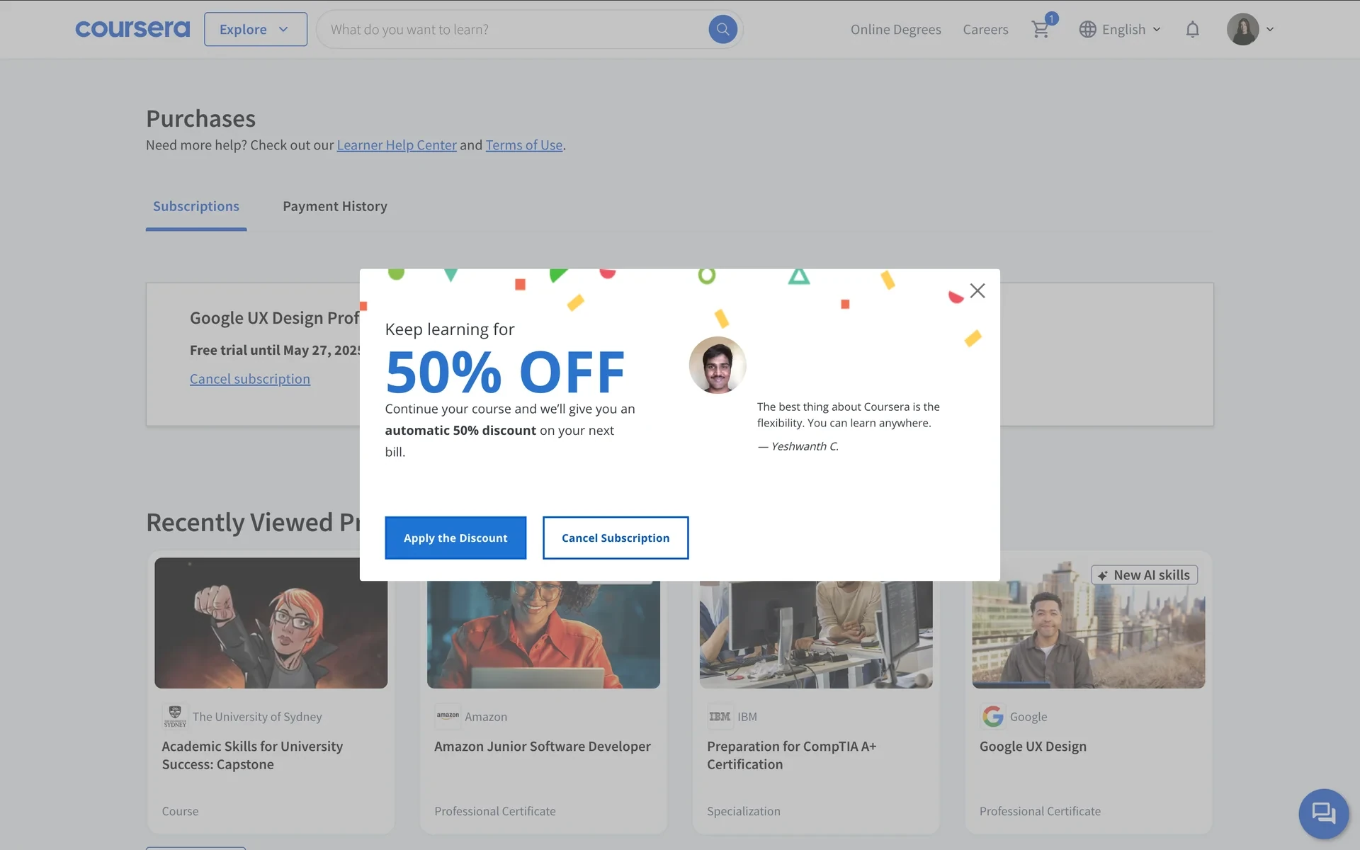Coursera retention offer modal reading Keep learning for 50% OFF with Apply the Discount and Cancel Subscription buttons