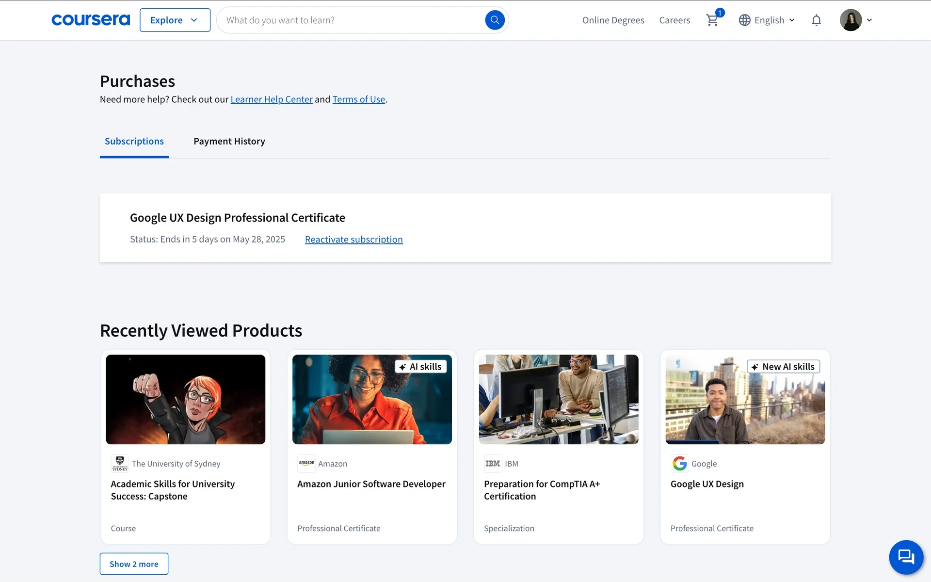 Coursera Purchases page showing subscription status Ends in 5 days on May 28, 2025 with a Reactivate subscription link