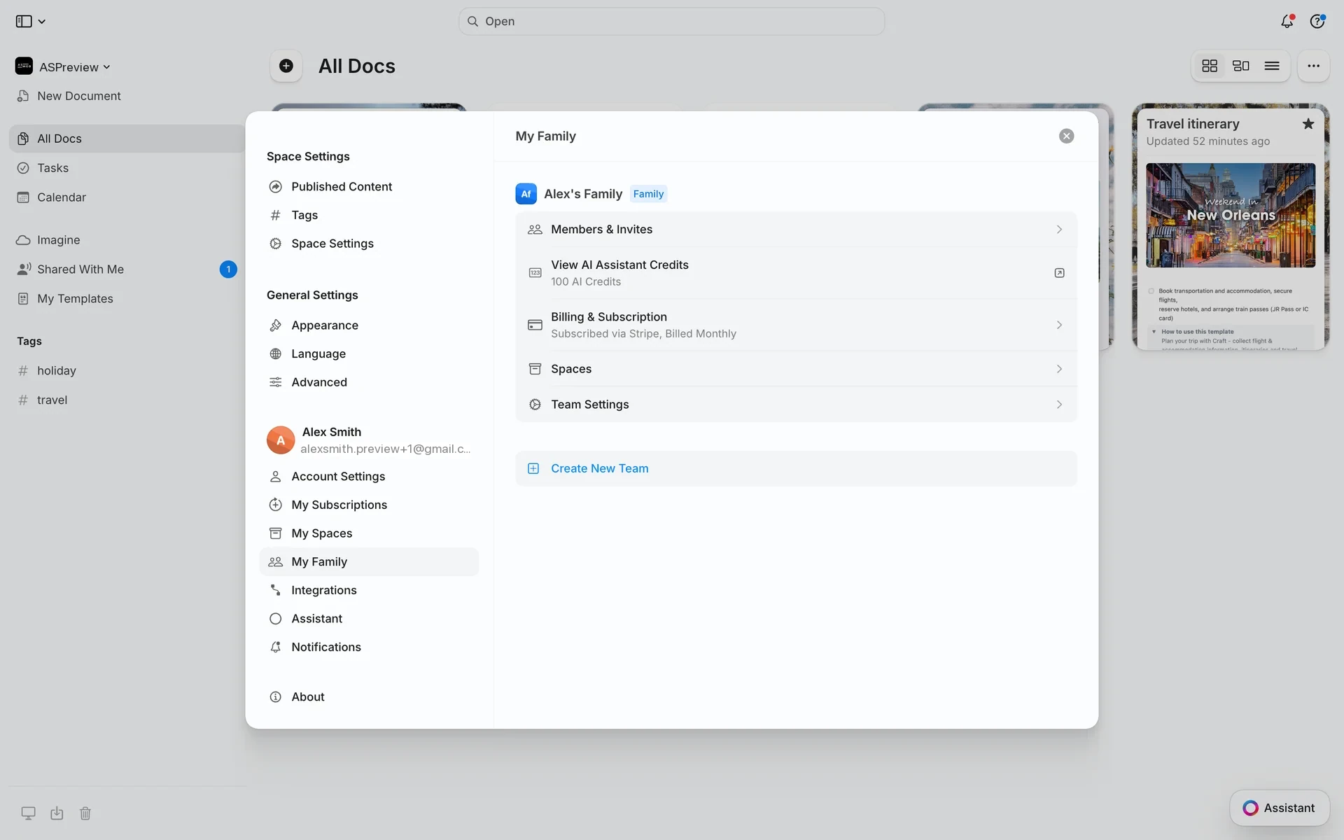 Craft settings panel with the General Settings sidebar (Account Settings, My Subscriptions, My Family, Integrations) and a My Family panel showing Billing & Subscription marked Subscribed via Stripe, Billed Monthly