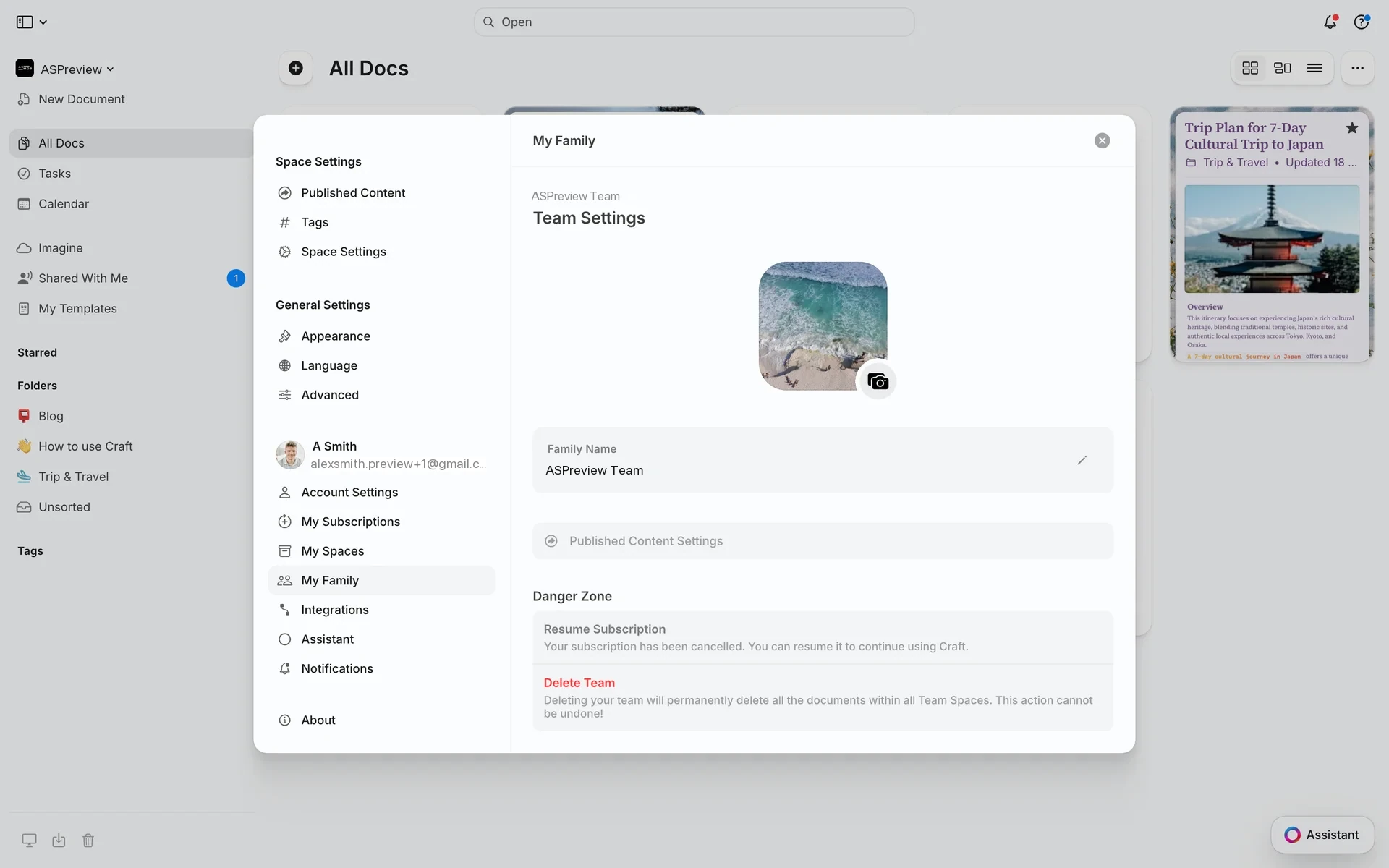 Craft Team Settings Danger Zone after cancellation, showing Resume Subscription with the message that your subscription has been cancelled and you can resume it to continue using Craft