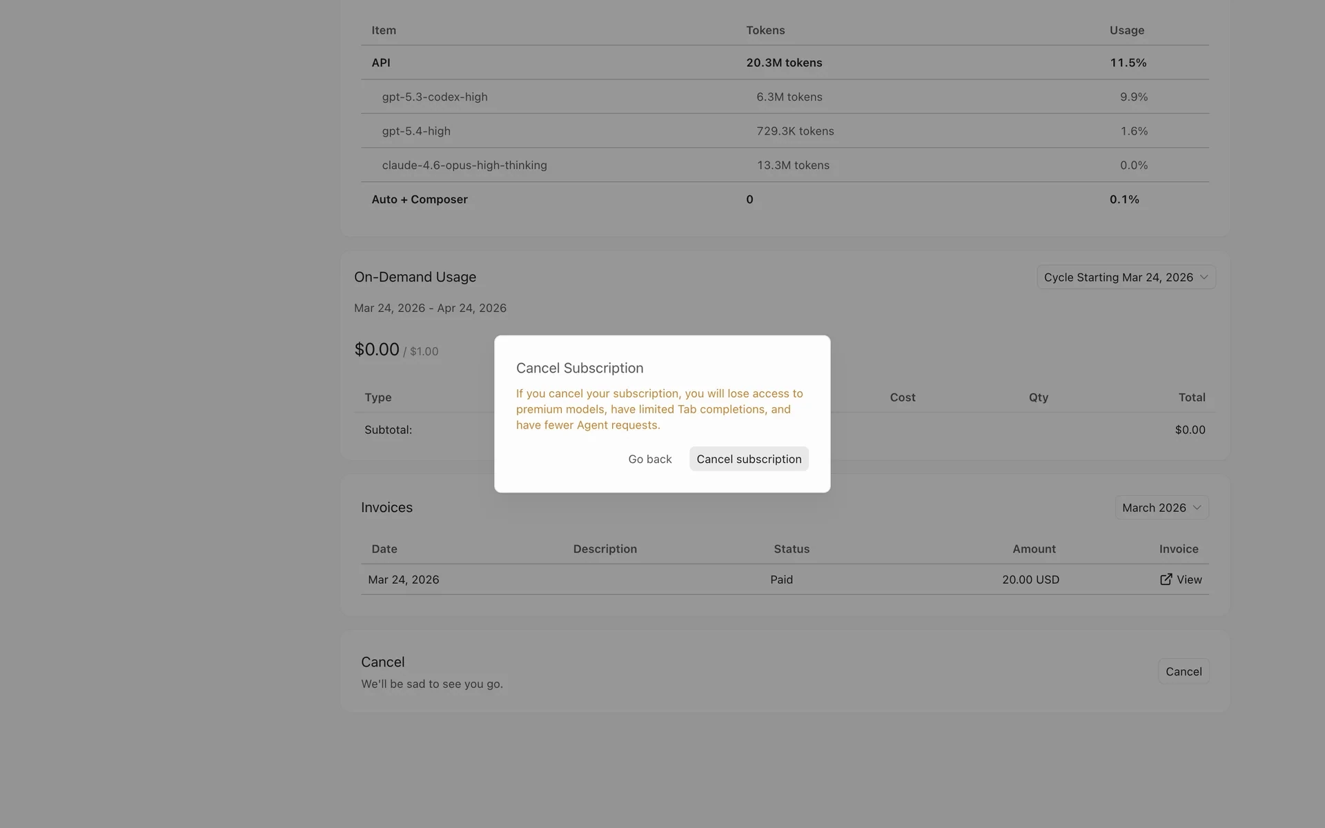 Cursor "Cancel Subscription" confirmation modal warning that cancelling loses access to premium models, limited Tab completions, and fewer Agent requests, with Go back and Cancel subscription buttons