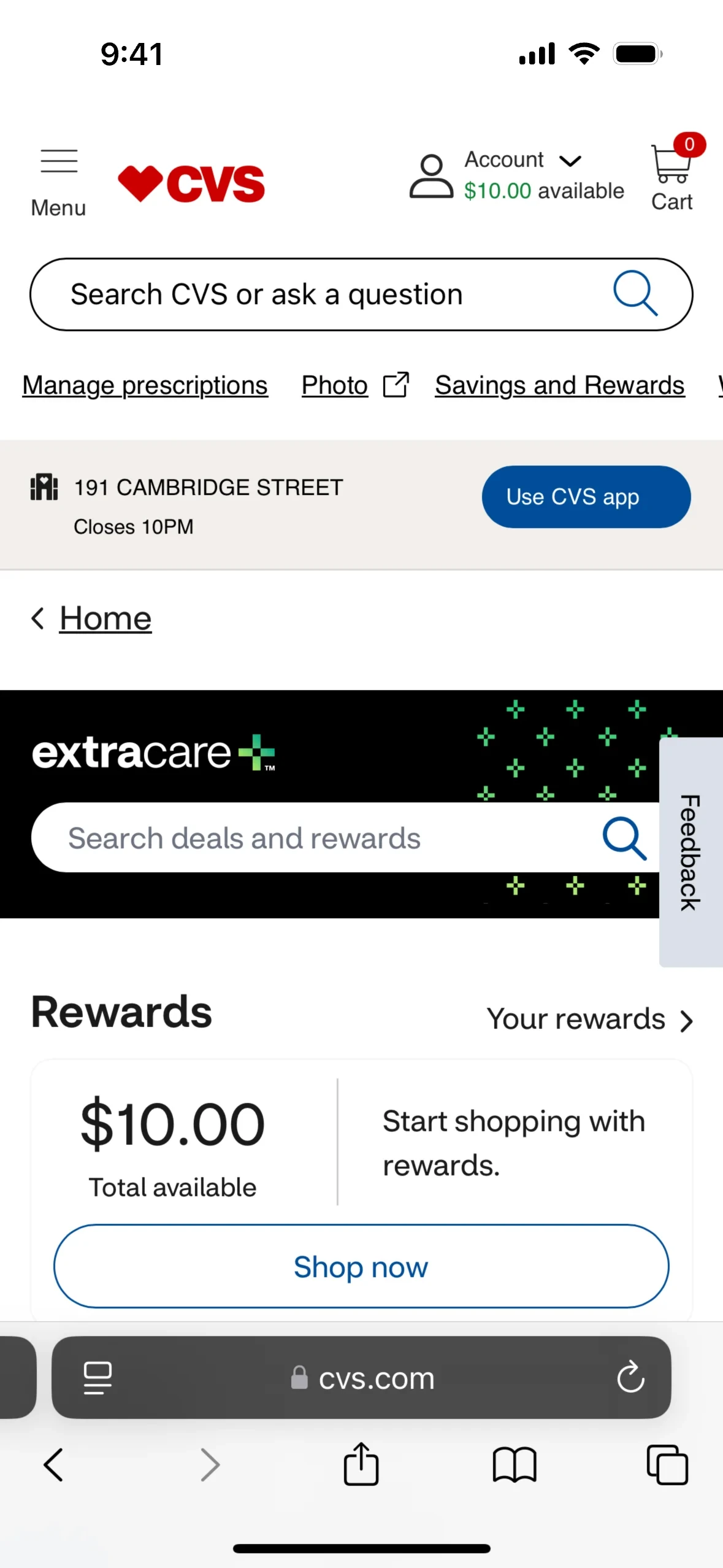 Logged-in CVS.com mobile homepage showing the extracare+ banner, a Rewards card with $10.00 Total available, and a Shop now button