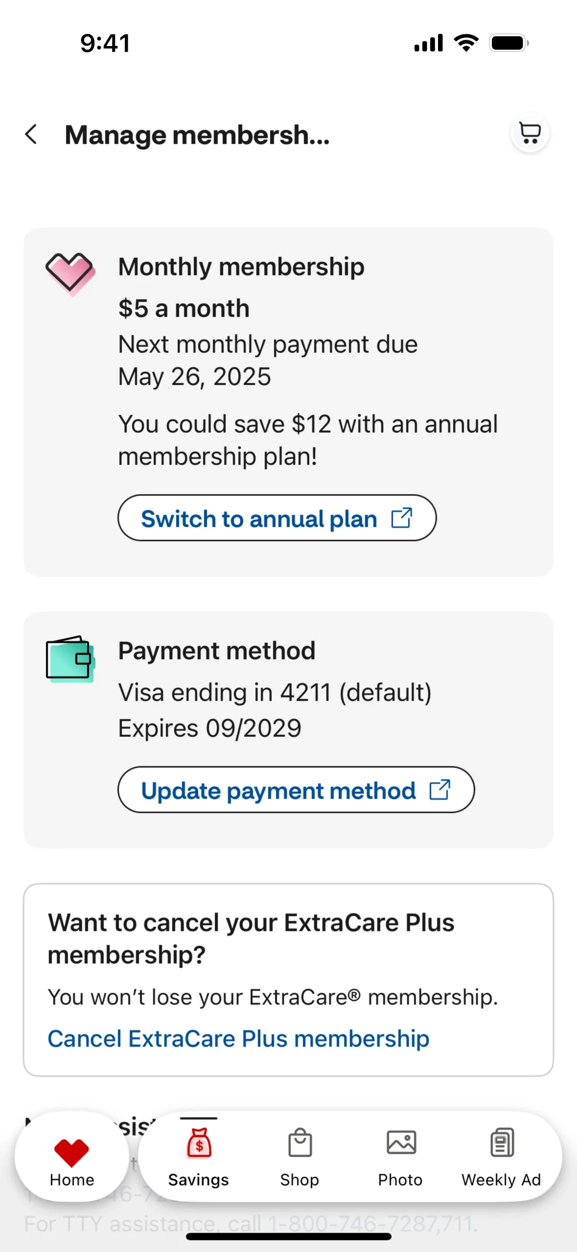 CVS app Manage membership screen showing Monthly membership at $5 a month, a Switch to annual plan button, payment method Visa ending in 4211, and a blue Cancel ExtraCare Plus membership link under Want to cancel your ExtraCare Plus membership?