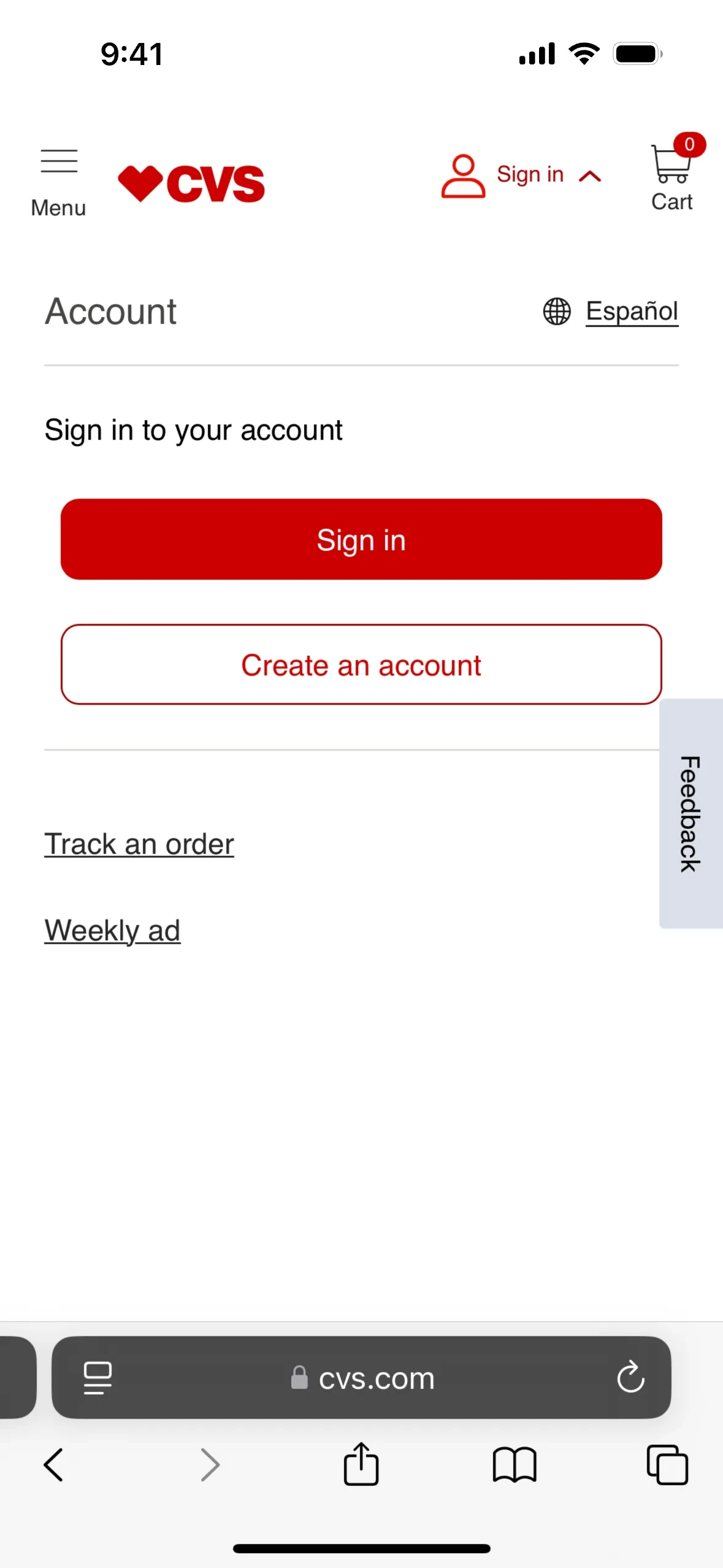 CVS.com mobile Account page with Sign in to your account, a red Sign in button, a Create an account button, and Track an order / Weekly ad links