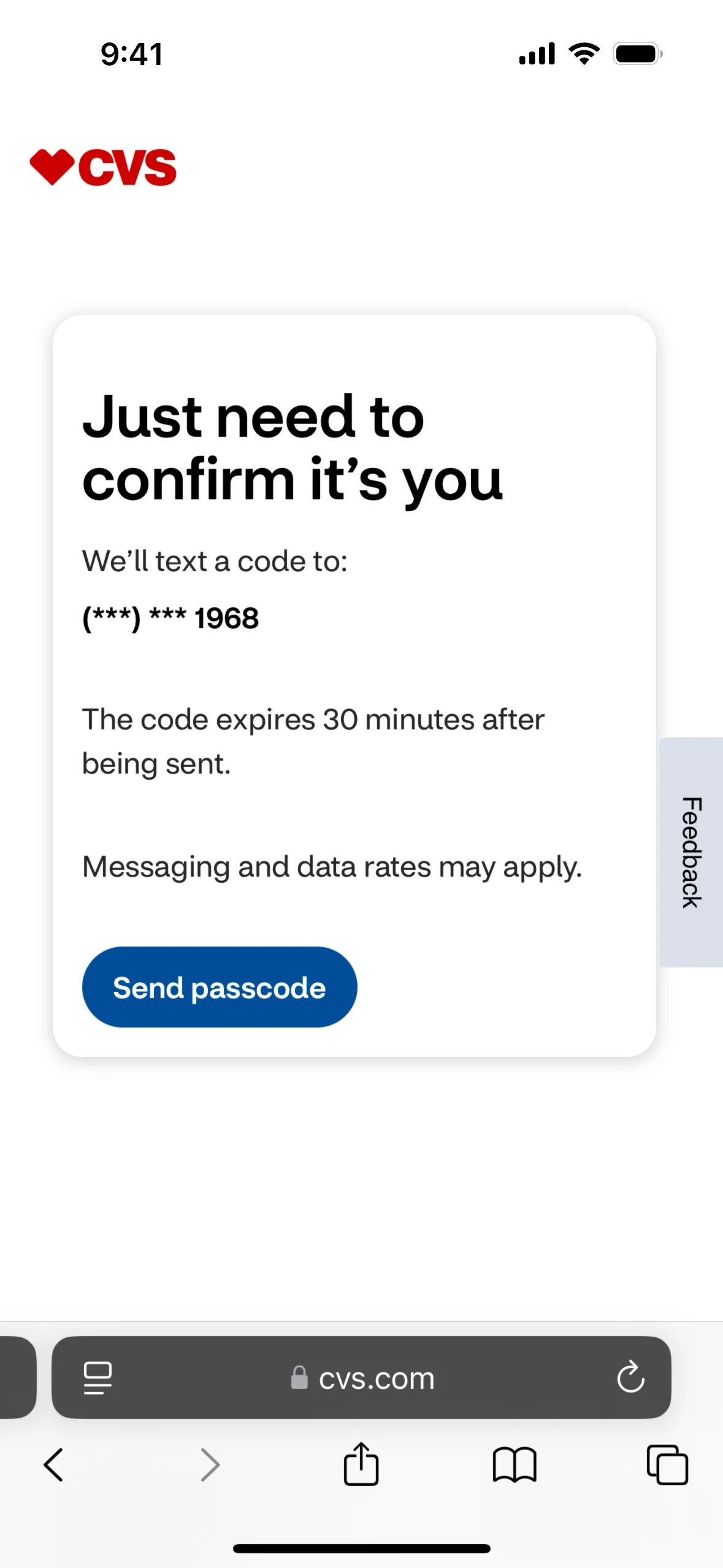 CVS identity screen titled Just need to confirm it's you with We'll text a code to a masked phone number ending 1968 and a dark blue Send passcode button