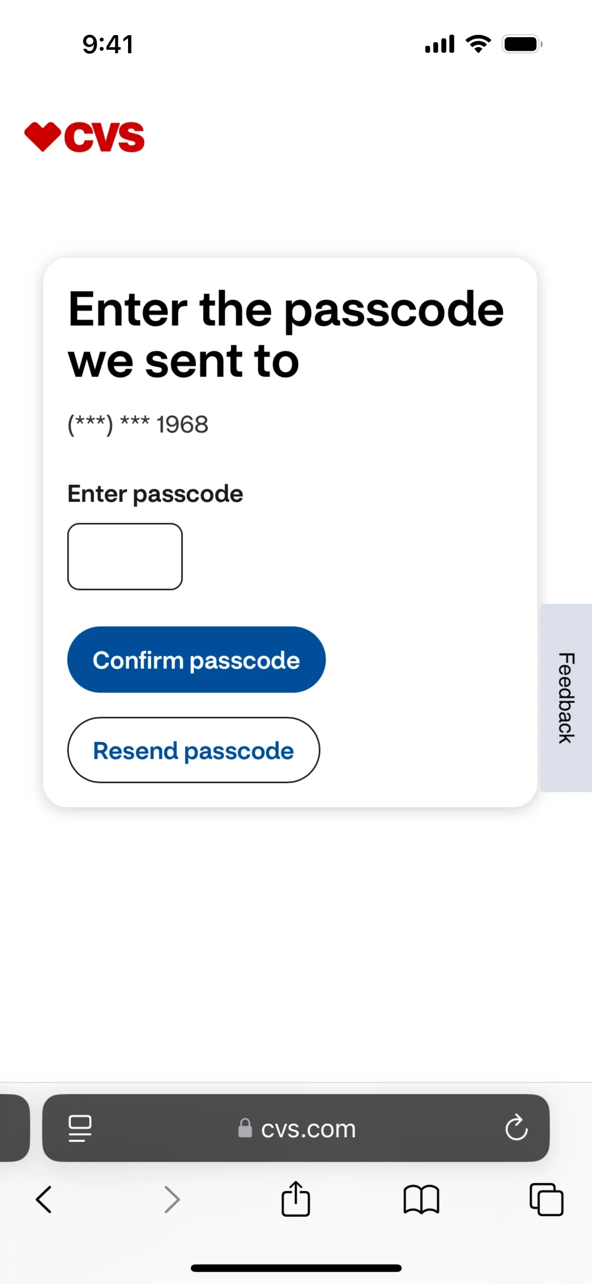 CVS passcode entry screen with Enter passcode field, Confirm passcode primary button, and Resend passcode secondary button for a masked number ending 1968