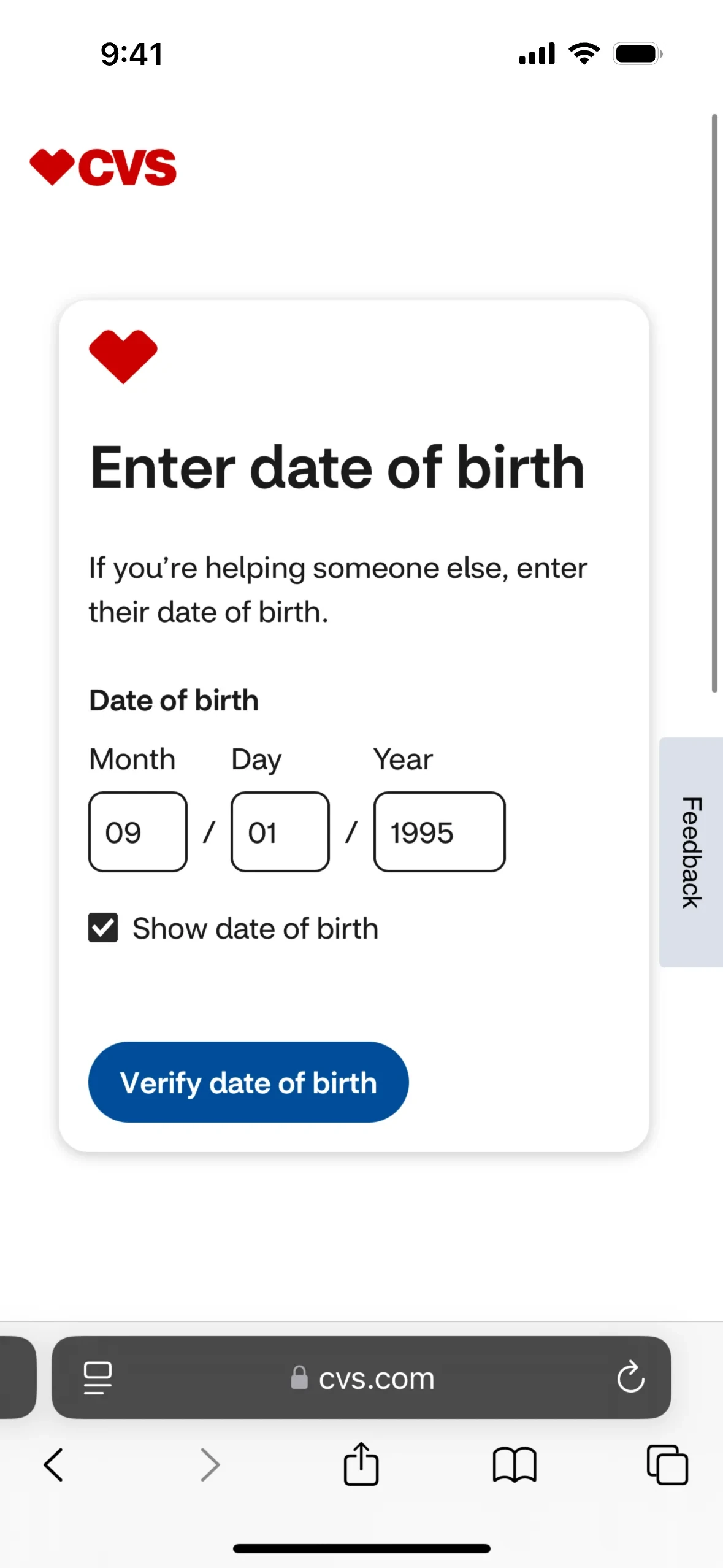 CVS Enter date of birth card with Month 09, Day 01, Year 1995 filled in, Show date of birth checked, and a Verify date of birth button