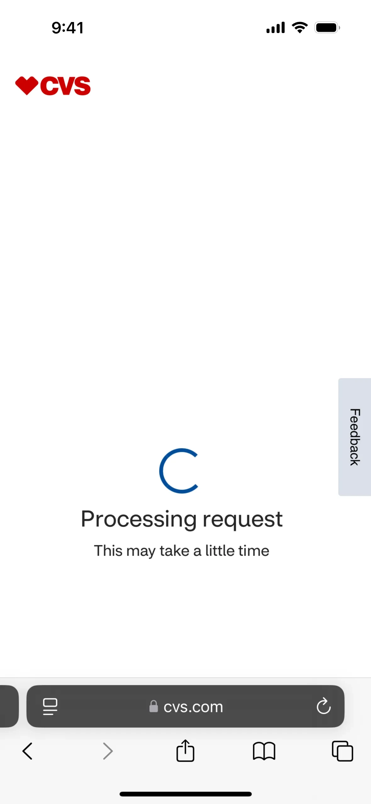 CVS.com loading screen with a blue spinner, Processing request headline, and This may take a little time subtext