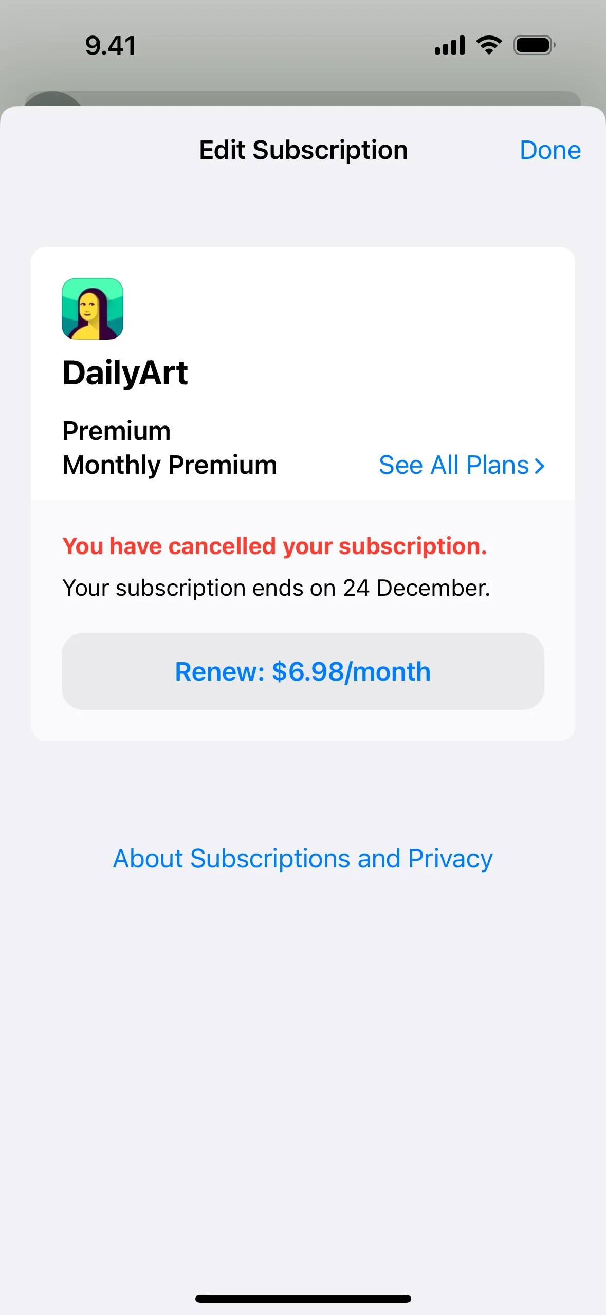 Apple Edit Subscription sheet showing DailyArt Monthly Premium, the red You have cancelled your subscription message, an end date line reading Your subscription ends on 24 December, a blue Renew pill, and a See All Plans link