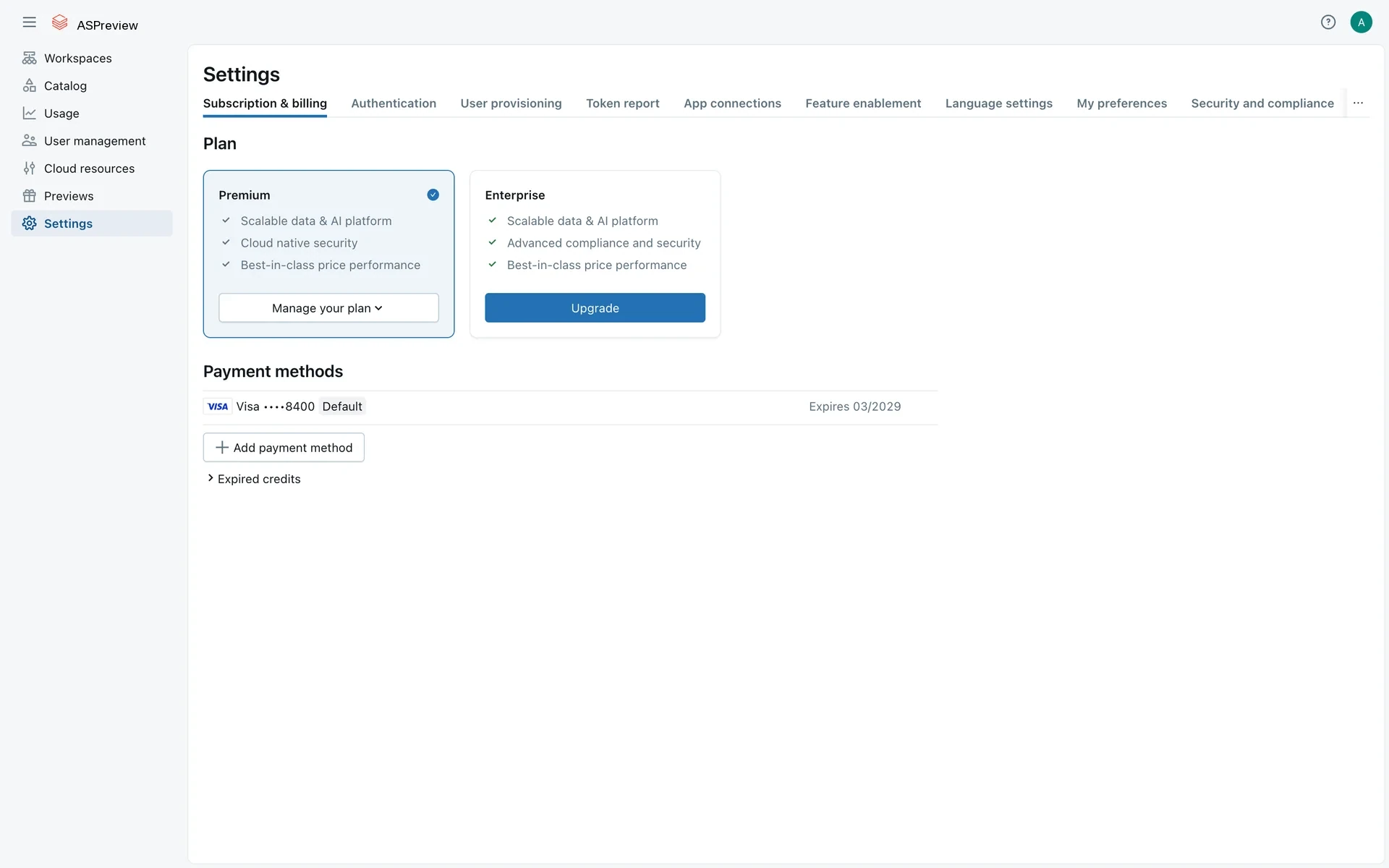 Databricks account console Settings on the Subscription and billing tab, showing the Premium plan selected, the Enterprise plan, a Manage your plan button, and a saved Visa payment method