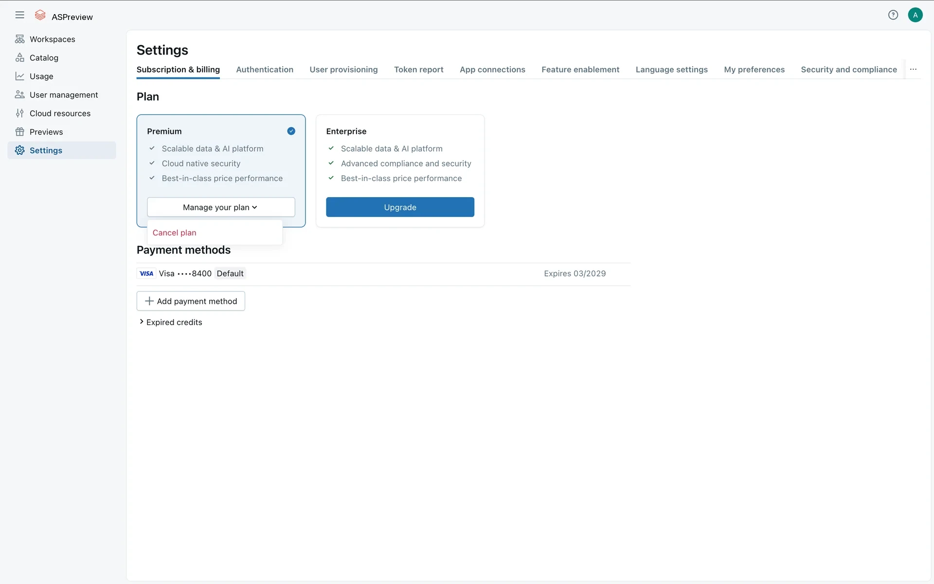 The Manage your plan dropdown expanded on the Premium card, showing a red Cancel plan menu item