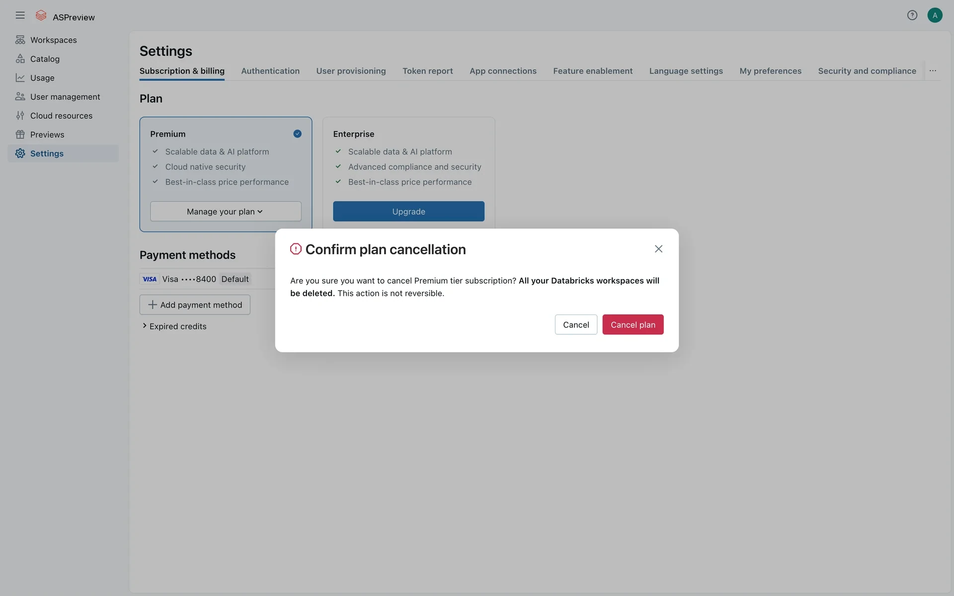 Confirm plan cancellation modal warning that all Databricks workspaces will be deleted and the action is not reversible, with Cancel and red Cancel plan buttons