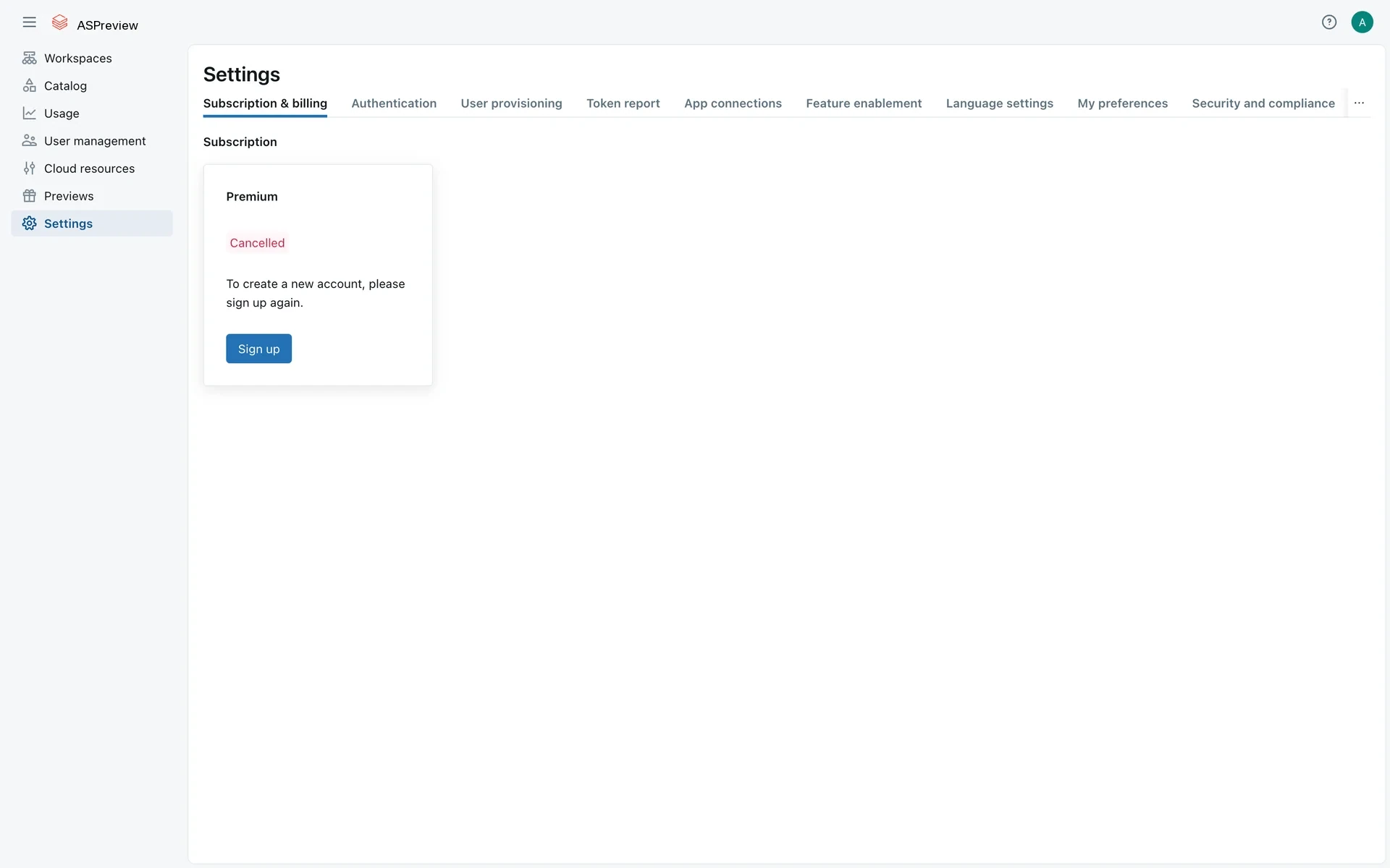 Databricks Subscription page showing the Premium plan marked Cancelled with a prompt to sign up again to create a new account
