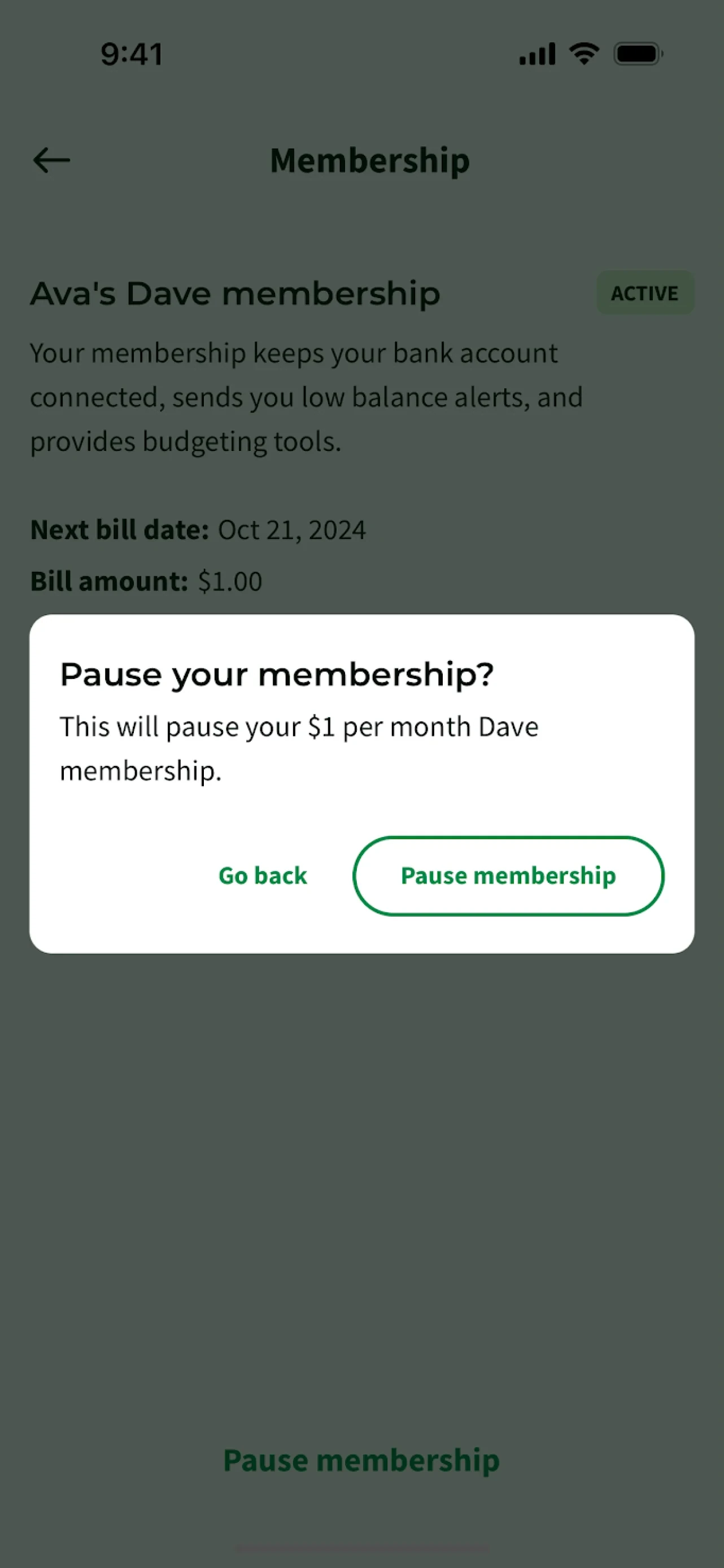 Pause your membership? dialog over the Dave Membership screen in 2024, reading "This will pause your $1 per month Dave membership." with a Go back link and an outlined Pause membership button; behind it the membership is still ACTIVE with Next bill date Oct 21, 2024 and Bill amount $1.00