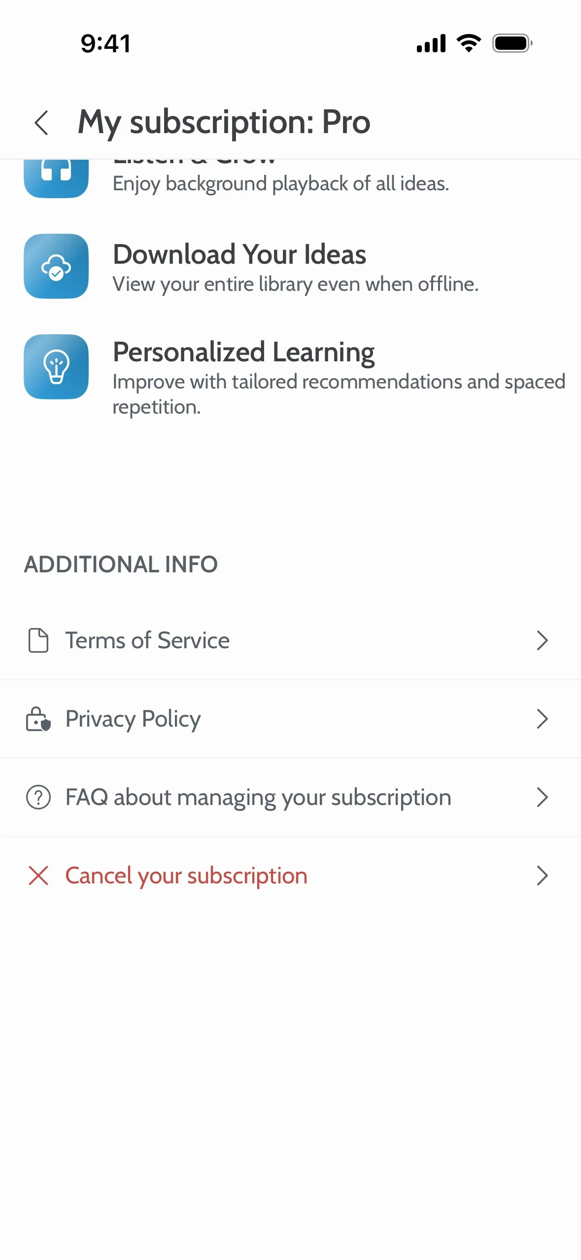 Deepstash My subscription: Pro screen showing Pro benefits and an Additional Info section with Terms of Service, Privacy Policy, FAQ, and a red Cancel your subscription row