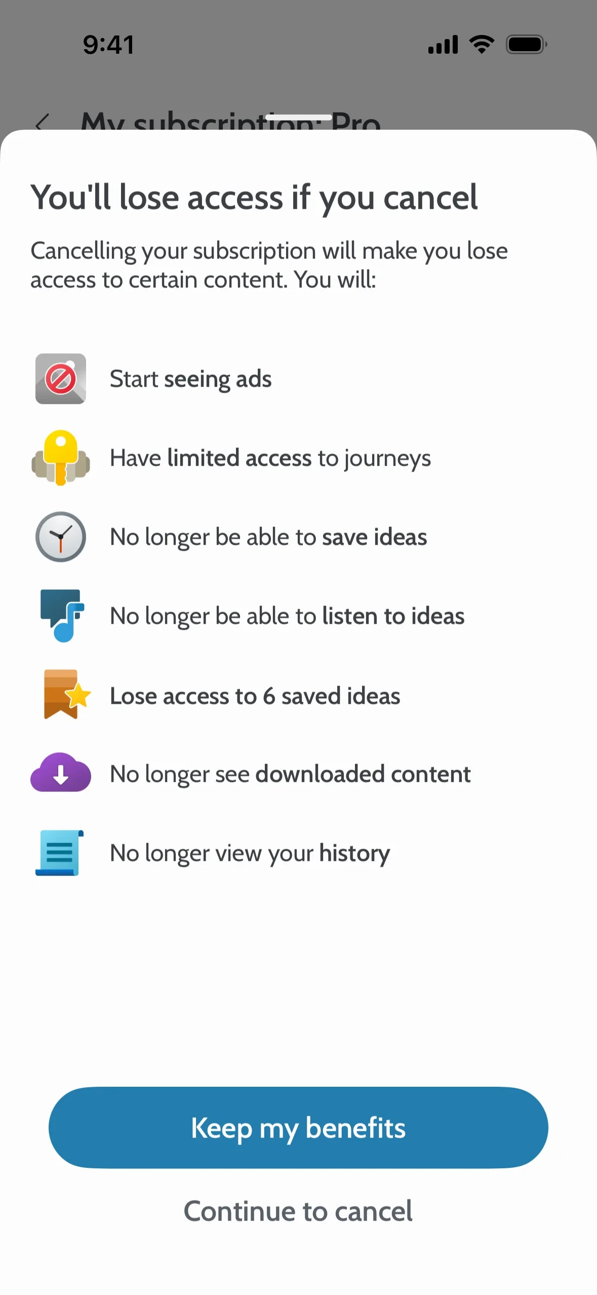 You'll lose access if you cancel screen listing lost Pro features, with a blue Keep my benefits button and a Continue to cancel link below it