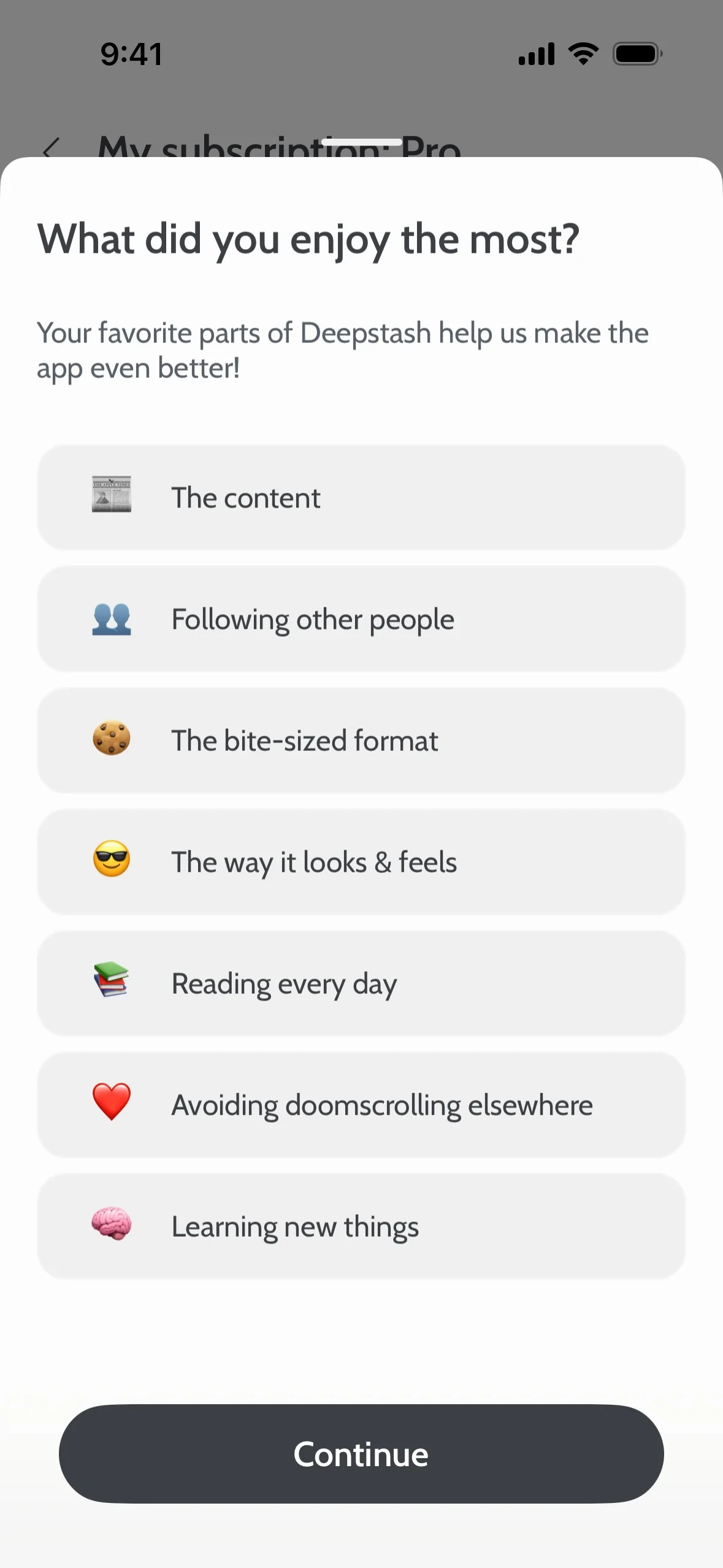 What did you enjoy the most? survey with selectable options like The content, The bite-sized format, and The way it looks & feels, above a Continue button