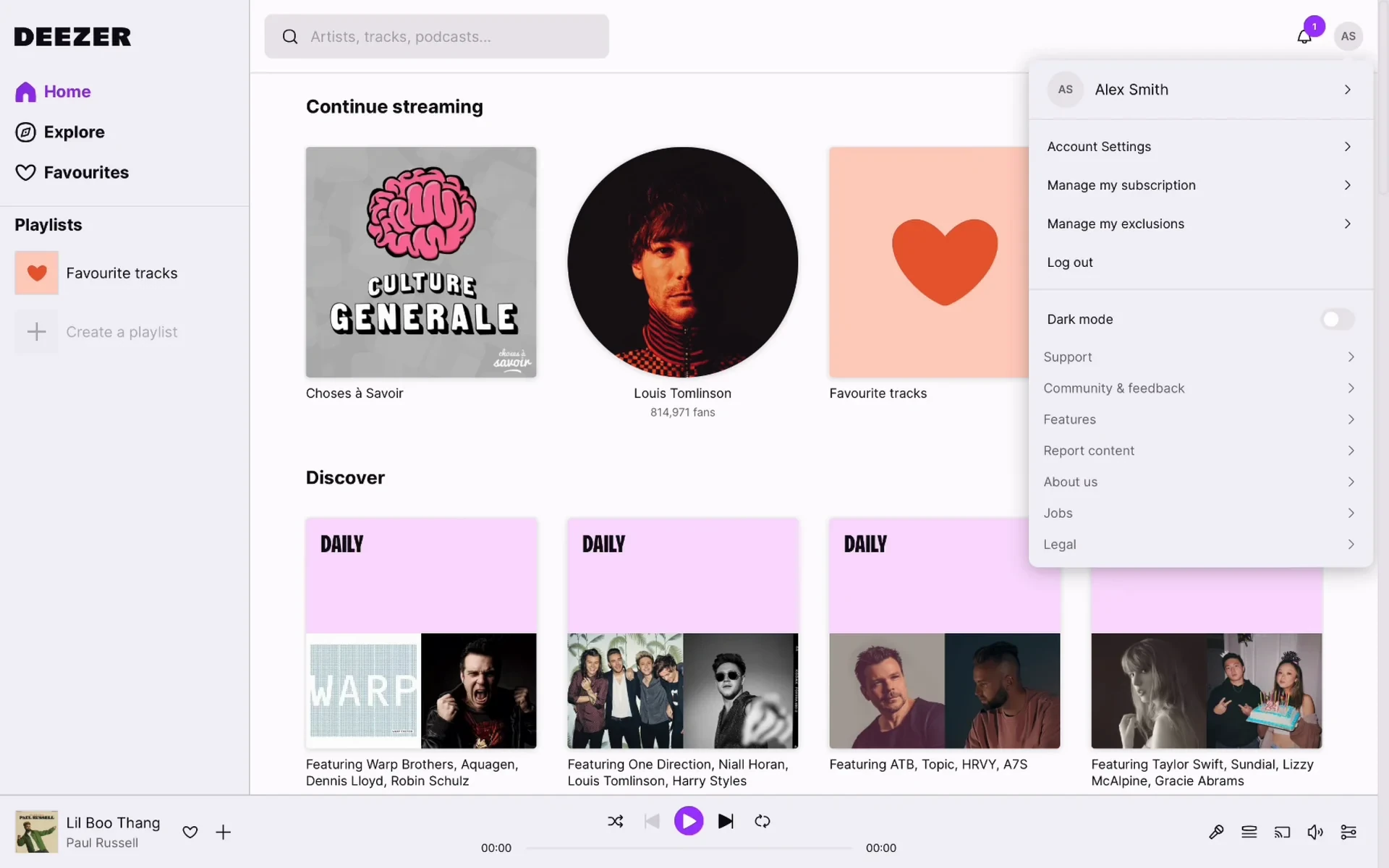 Deezer account dropdown menu open, showing Account Settings, Manage my subscription, Manage my exclusions and Log out options