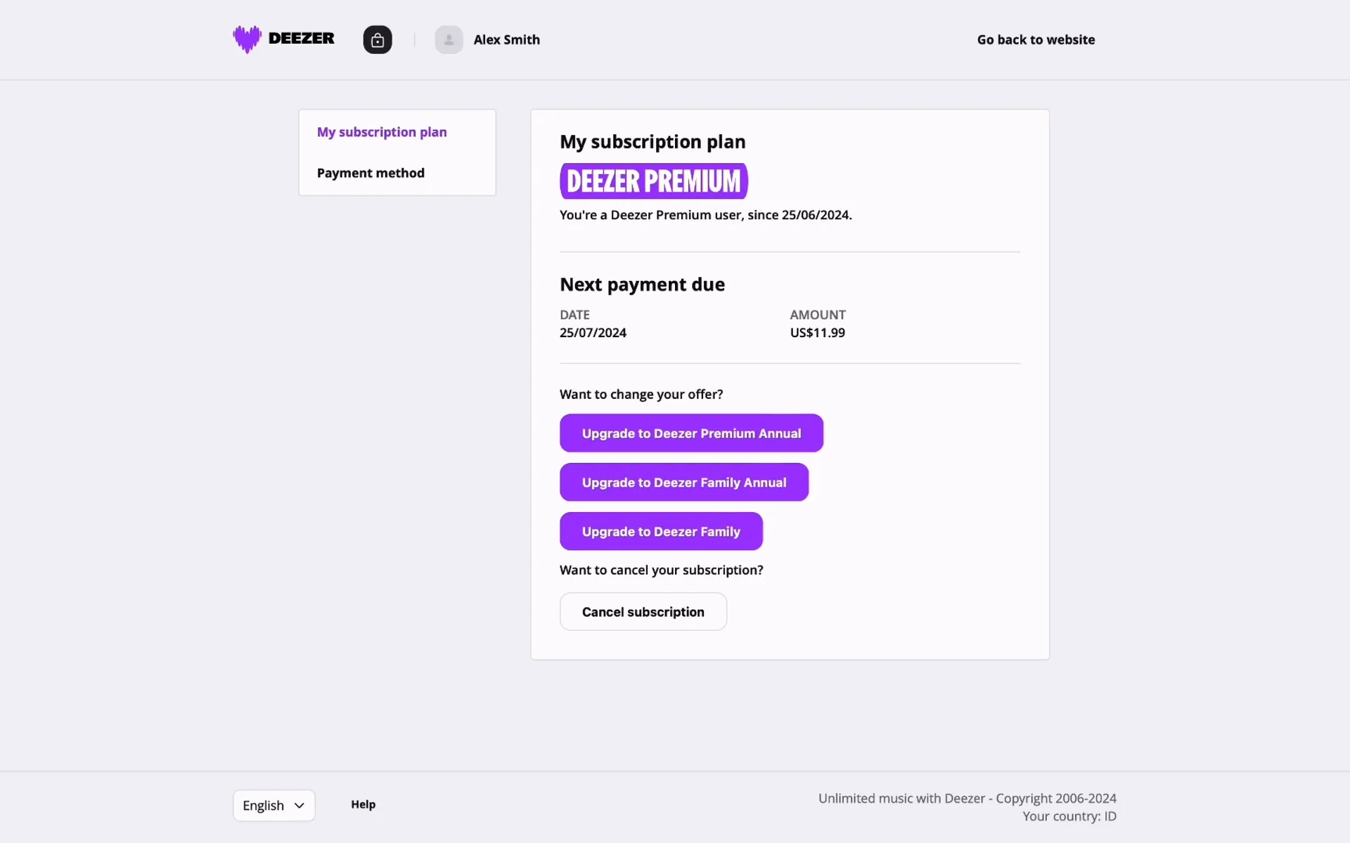 Deezer My subscription plan page showing Deezer Premium, the Next payment due date and amount, three purple Upgrade buttons, and a plain outlined Cancel subscription button below them