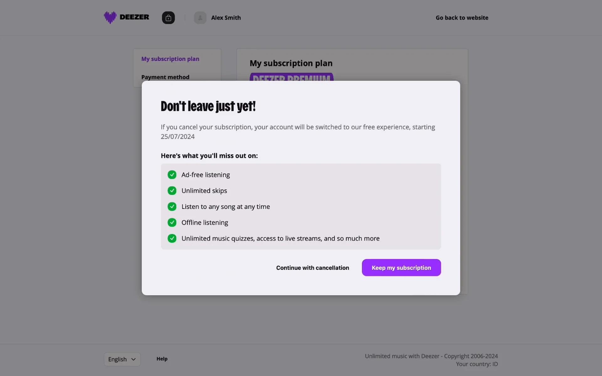 Deezer "Don't leave just yet!" modal listing five Premium benefits under "Here's what you'll miss out on", with Continue with cancellation as plain text beside a purple Keep my subscription button