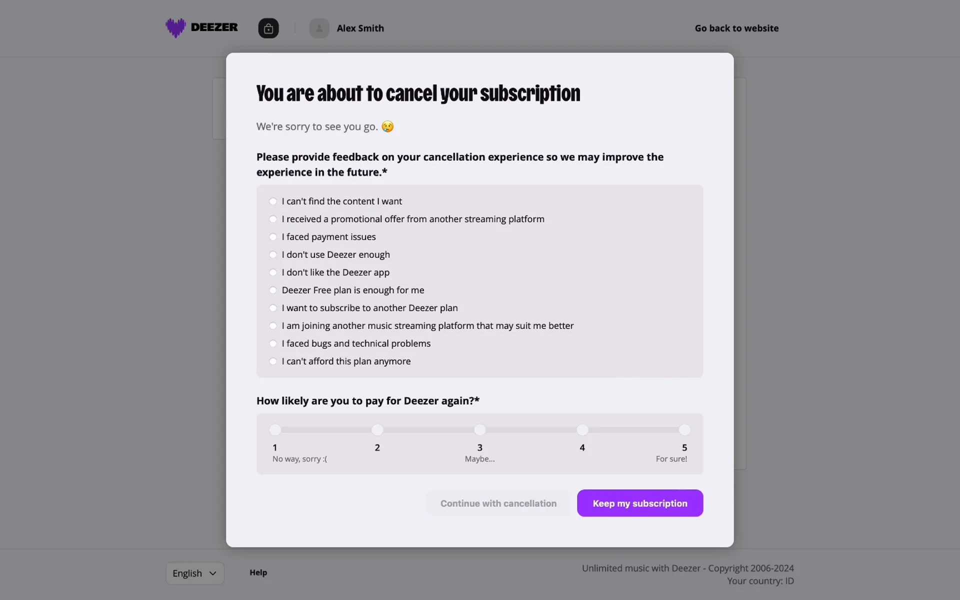 Deezer cancellation survey with eleven unselected reason radio buttons and an untouched 1-5 likelihood slider, with the Continue with cancellation button greyed out and unclickable