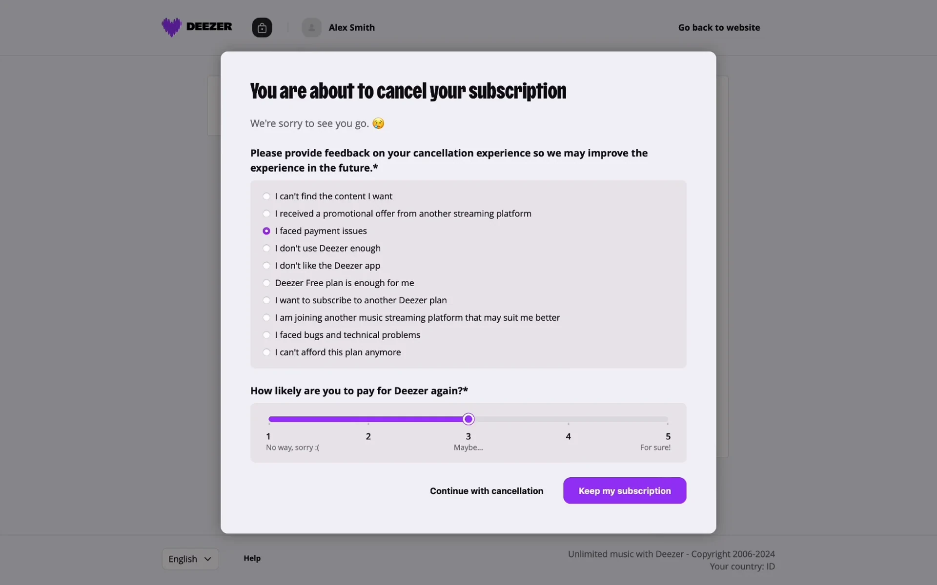 Deezer cancellation survey with "I faced payment issues" selected and the likelihood slider set to 3, with Continue with cancellation now active and clickable