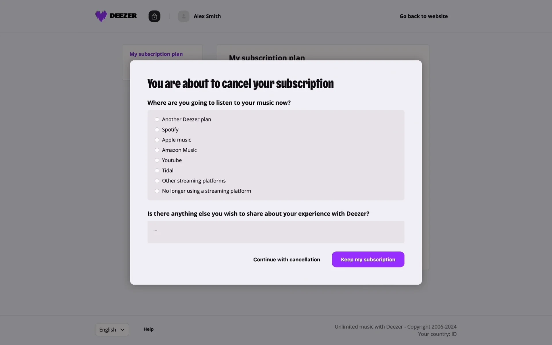 Deezer second cancellation survey asking where you will listen to music now, listing Spotify, Apple Music, Amazon Music, Youtube, Tidal and other options, with Continue with cancellation already enabled
