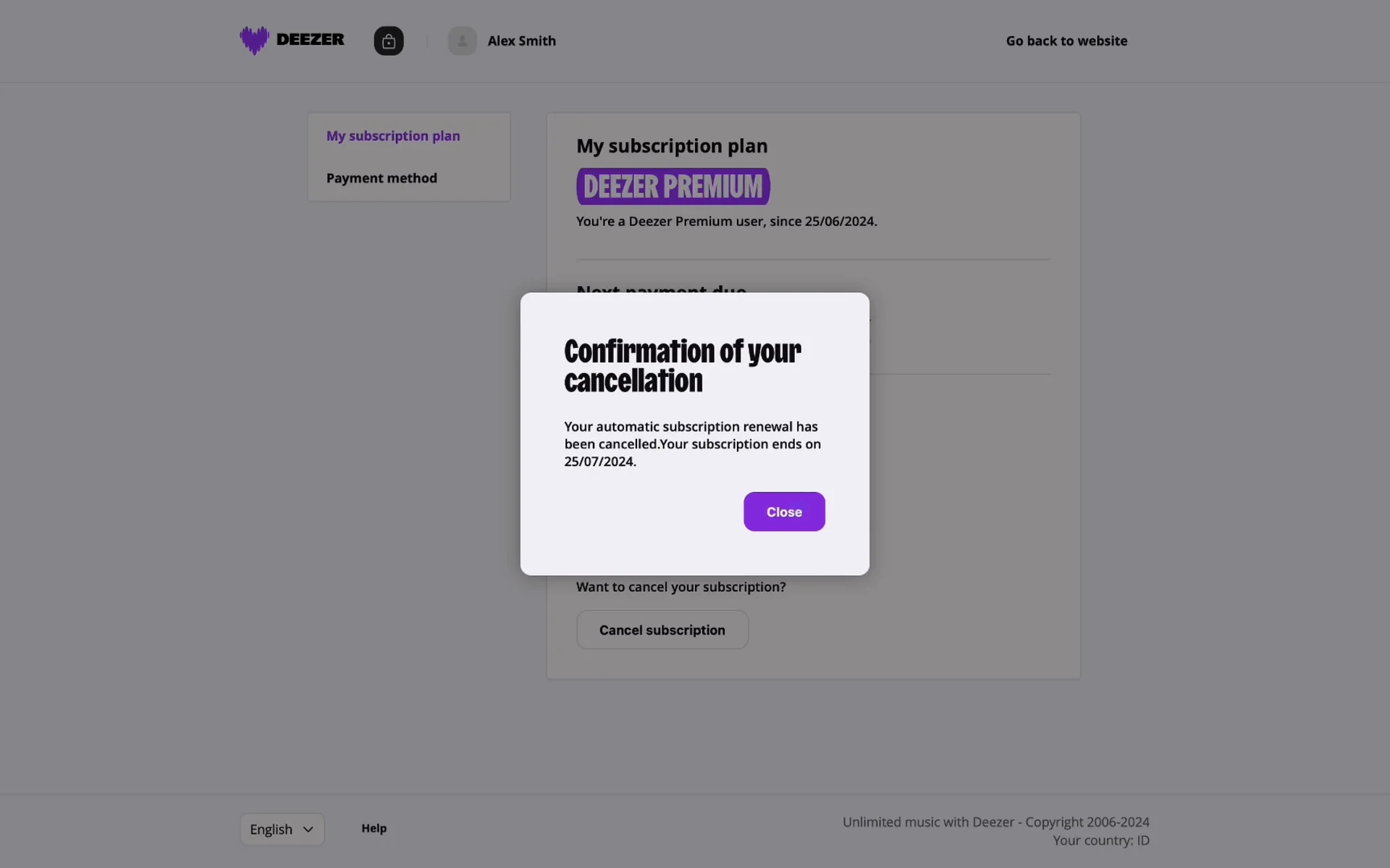 Deezer Confirmation of your cancellation modal reading "Your automatic subscription renewal has been cancelled. Your subscription ends on 25/07/2024." with a purple Close button