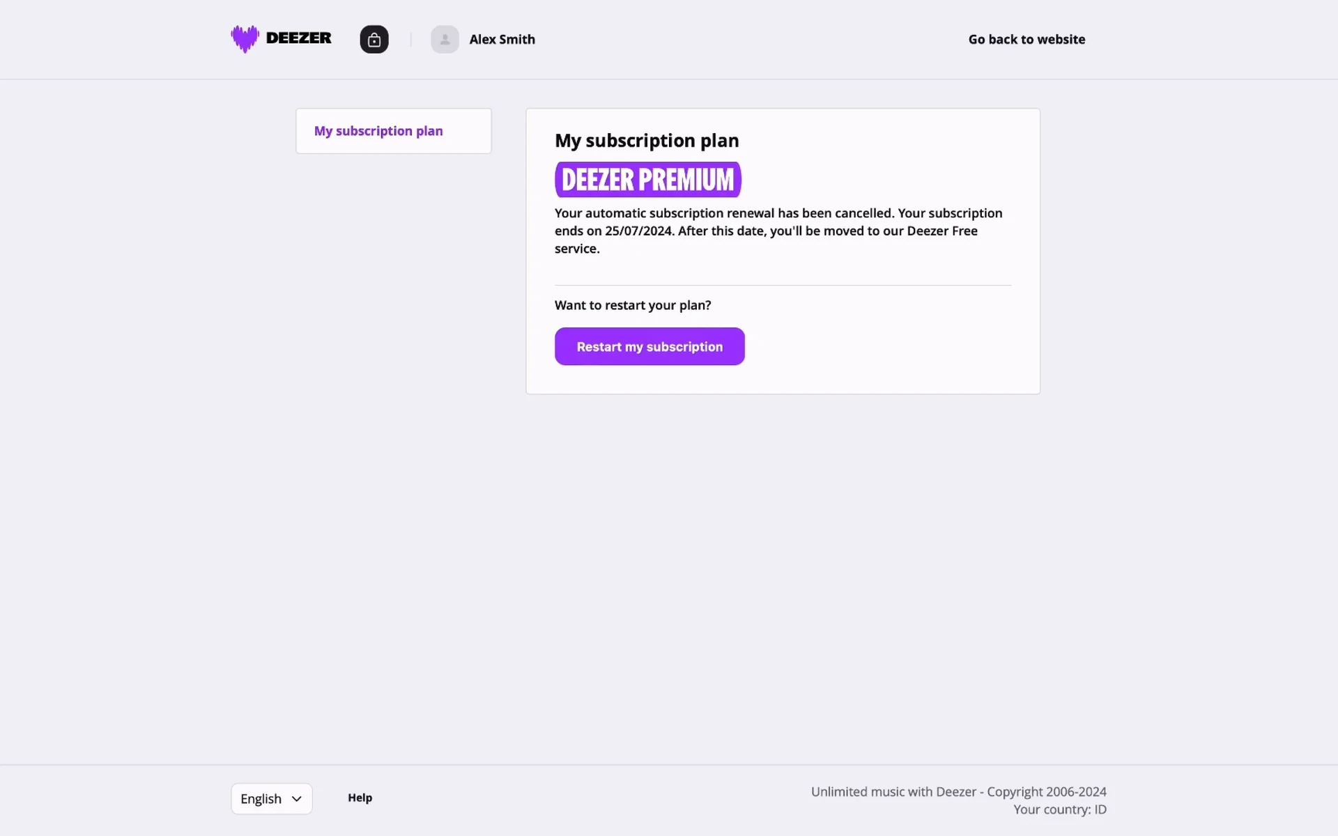 Deezer subscription page after cancelling, confirming the subscription ends on 25/07/2024 and the account moves to Deezer Free, with a purple Restart my subscription button