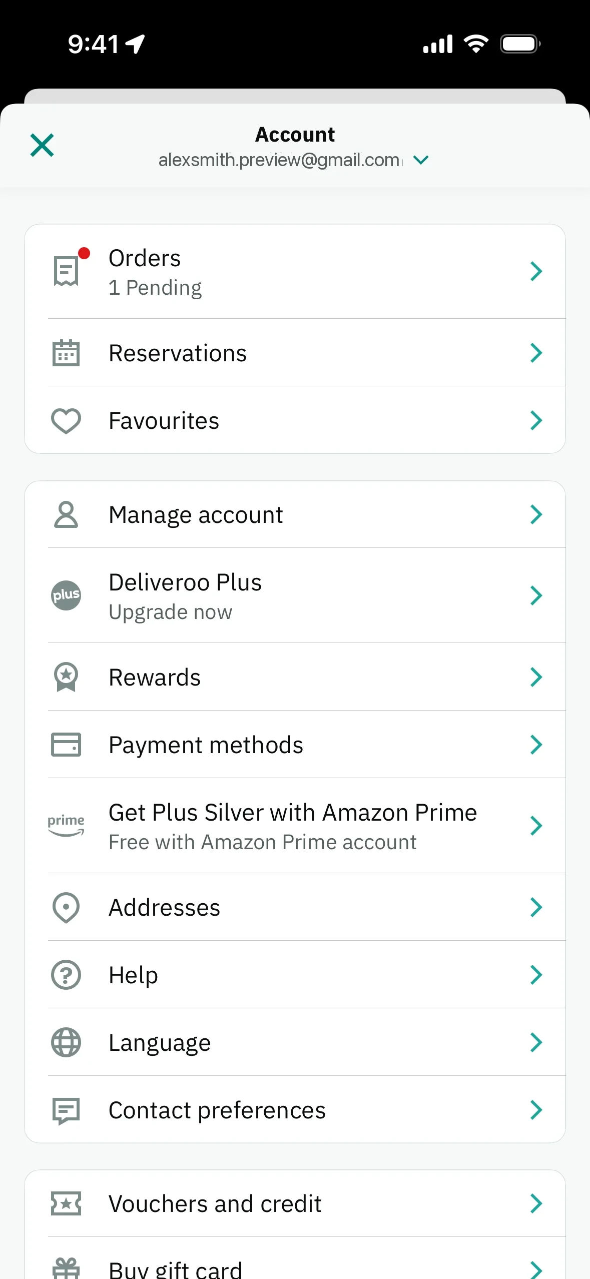 Deliveroo iOS Account menu showing Orders, Manage account, Deliveroo Plus with Upgrade now subtitle, Rewards, Payment methods, and Get Plus Silver with Amazon Prime free with Amazon Prime account