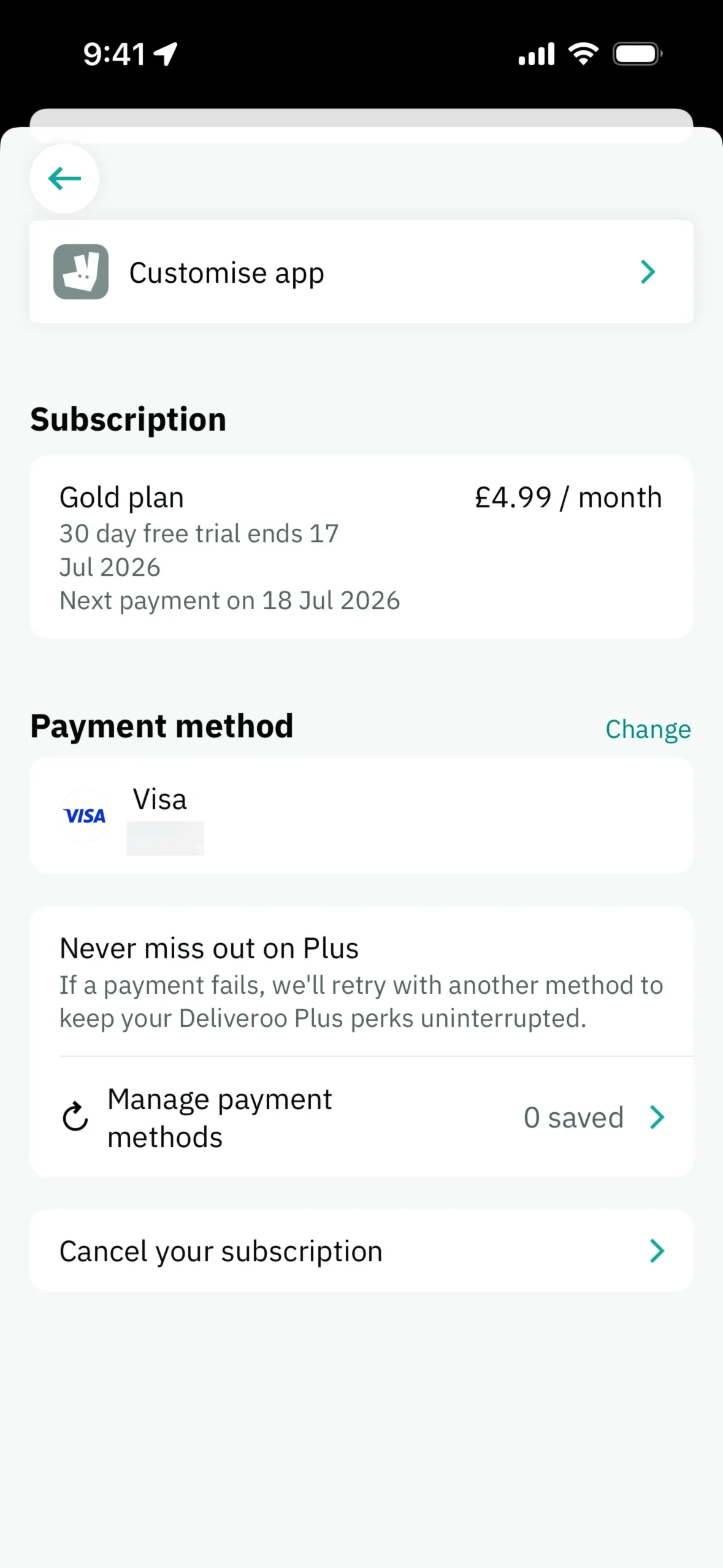 Deliveroo Plus subscription screen showing Gold plan at £4.99 per month, 30 day free trial ends 17 Jul 2026, Next payment on 18 Jul 2026, Visa payment method, Manage payment methods, and Cancel your subscription row