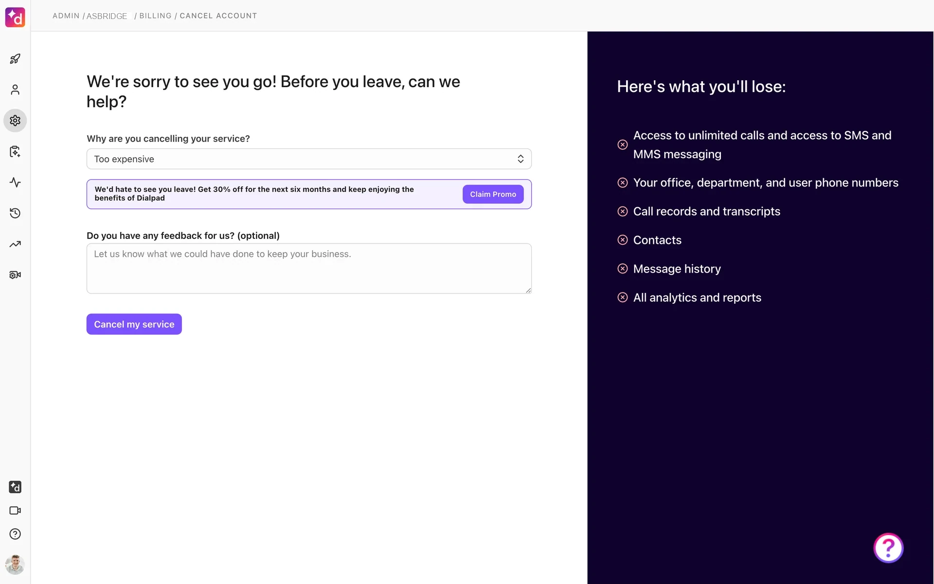 Dialpad cancel page after selecting Too expensive, showing a purple "Get 30% off for the next six months" save offer with a Claim Promo button