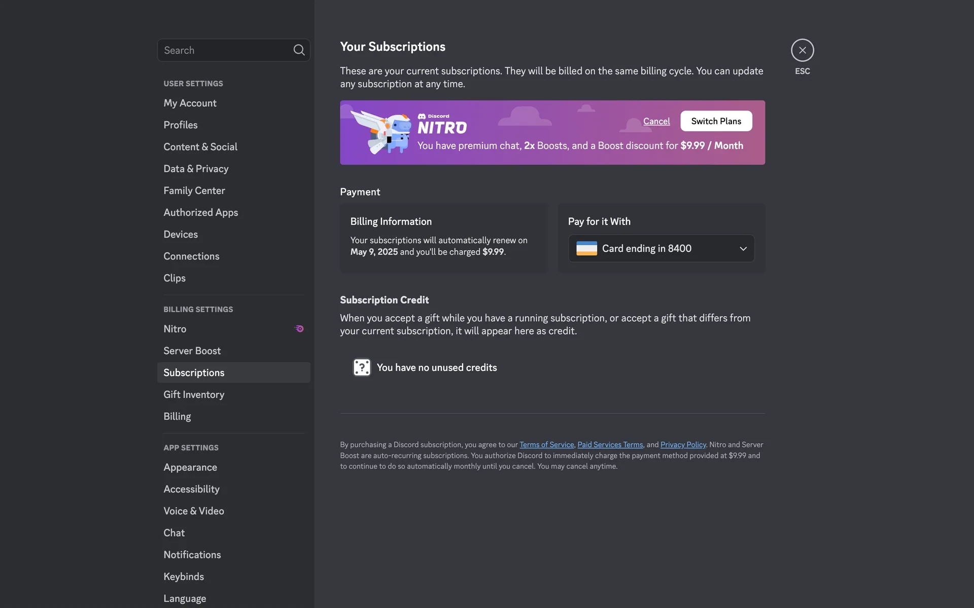 Discord Your Subscriptions page showing the purple Nitro banner with premium chat, 2x Boosts and a Boost discount for US$9.99/Month, a Cancel link, a Switch Plans button, and billing information saying the subscription renews on May 9, 2025