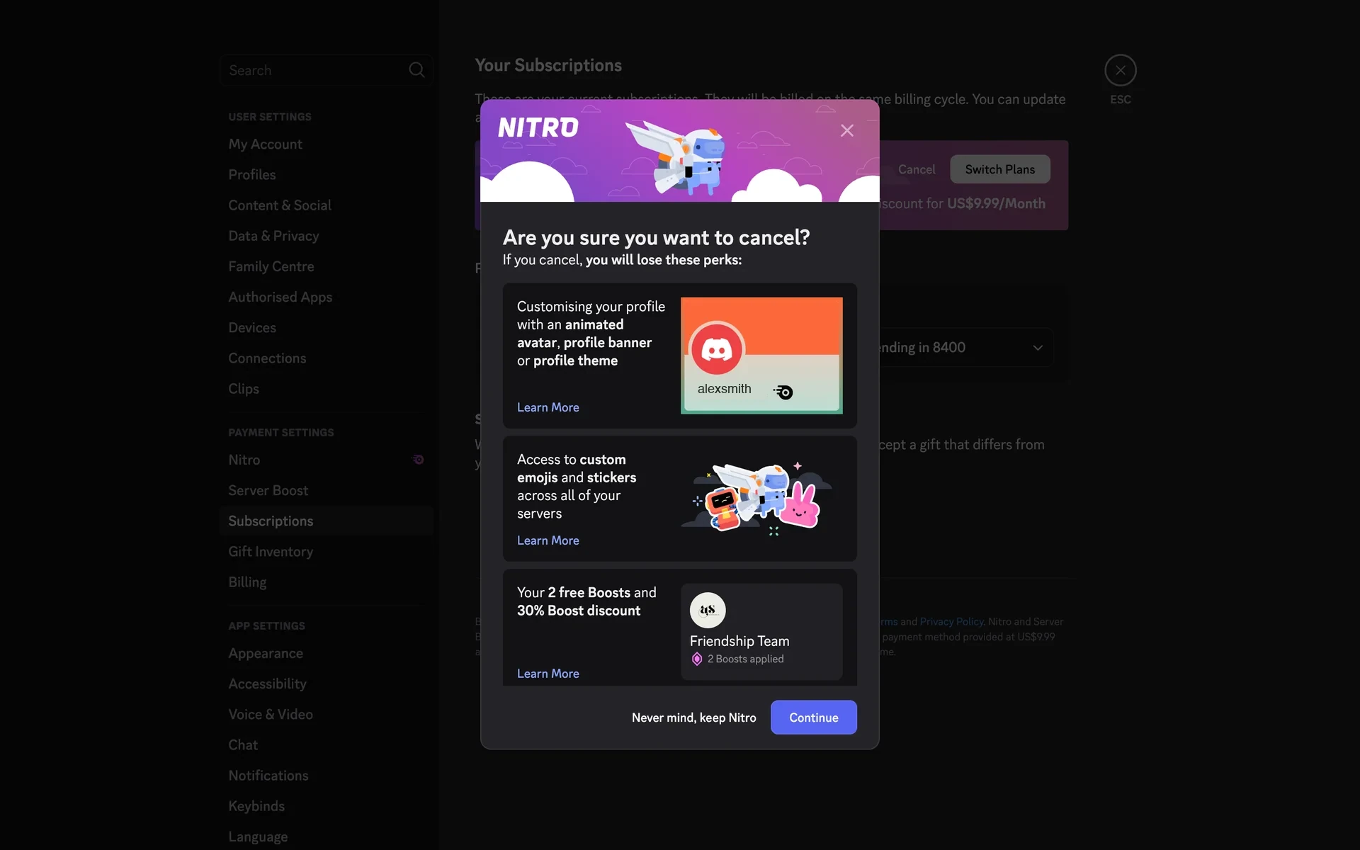 Discord cancellation pop-up headed "Are you sure you want to cancel?" listing lost perks (animated avatar and profile theme, custom emojis and stickers, 2 free Boosts and 30% Boost discount) with a "Never mind, keep Nitro" link and a blue Continue button