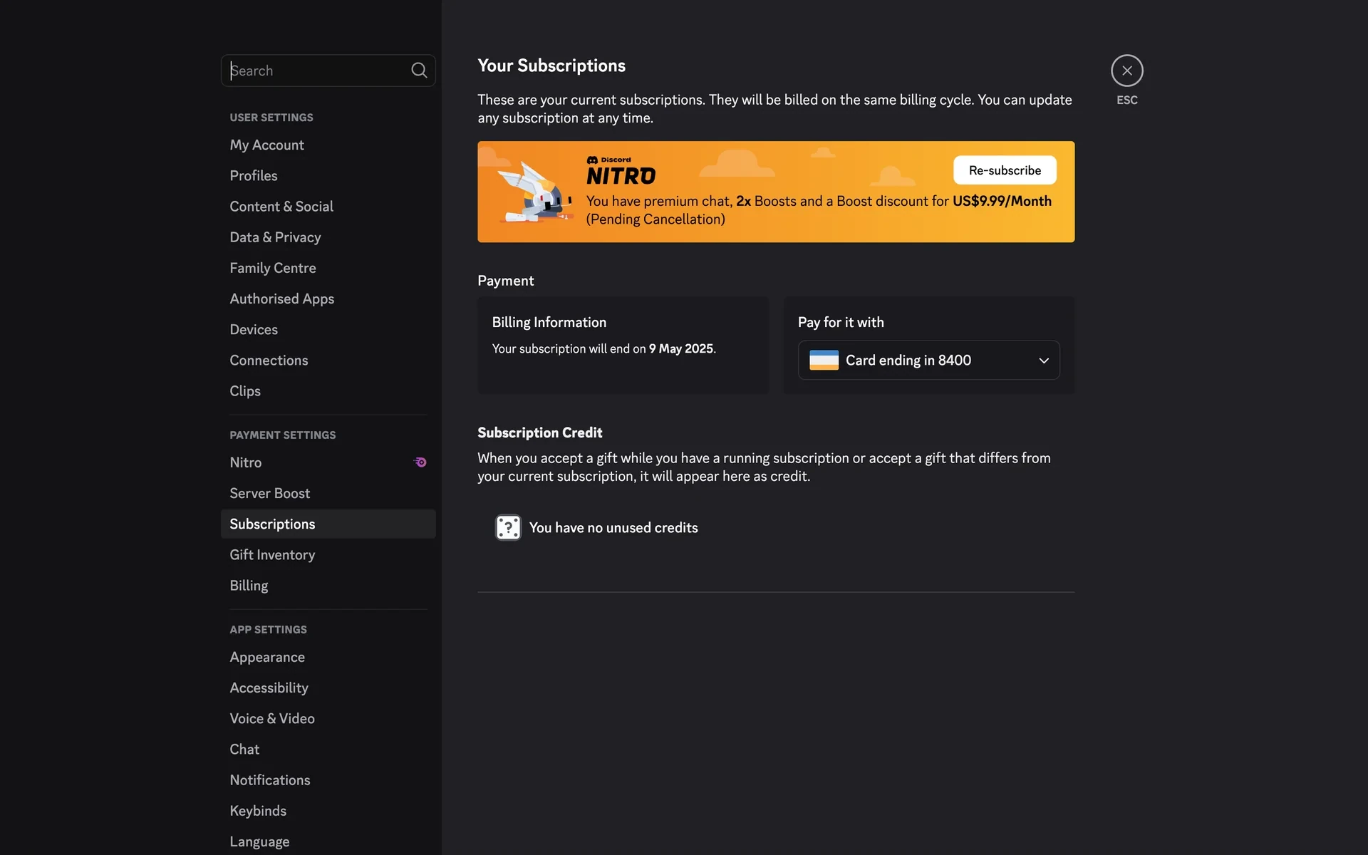 Discord Subscriptions page after canceling, showing an orange Nitro banner marked Pending Cancellation, a Re-subscribe button, and billing information saying the subscription will end on 9 May 2025