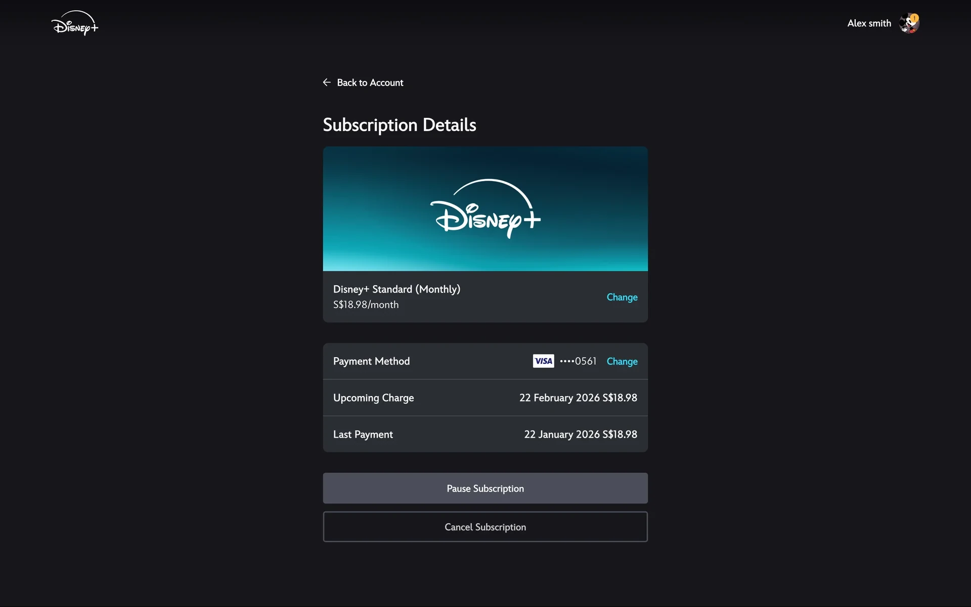 Disney+ Subscription Details page showing the Disney+ Standard Monthly plan, Visa payment method, upcoming charge date, and the Pause Subscription and Cancel Subscription buttons stacked at the bottom