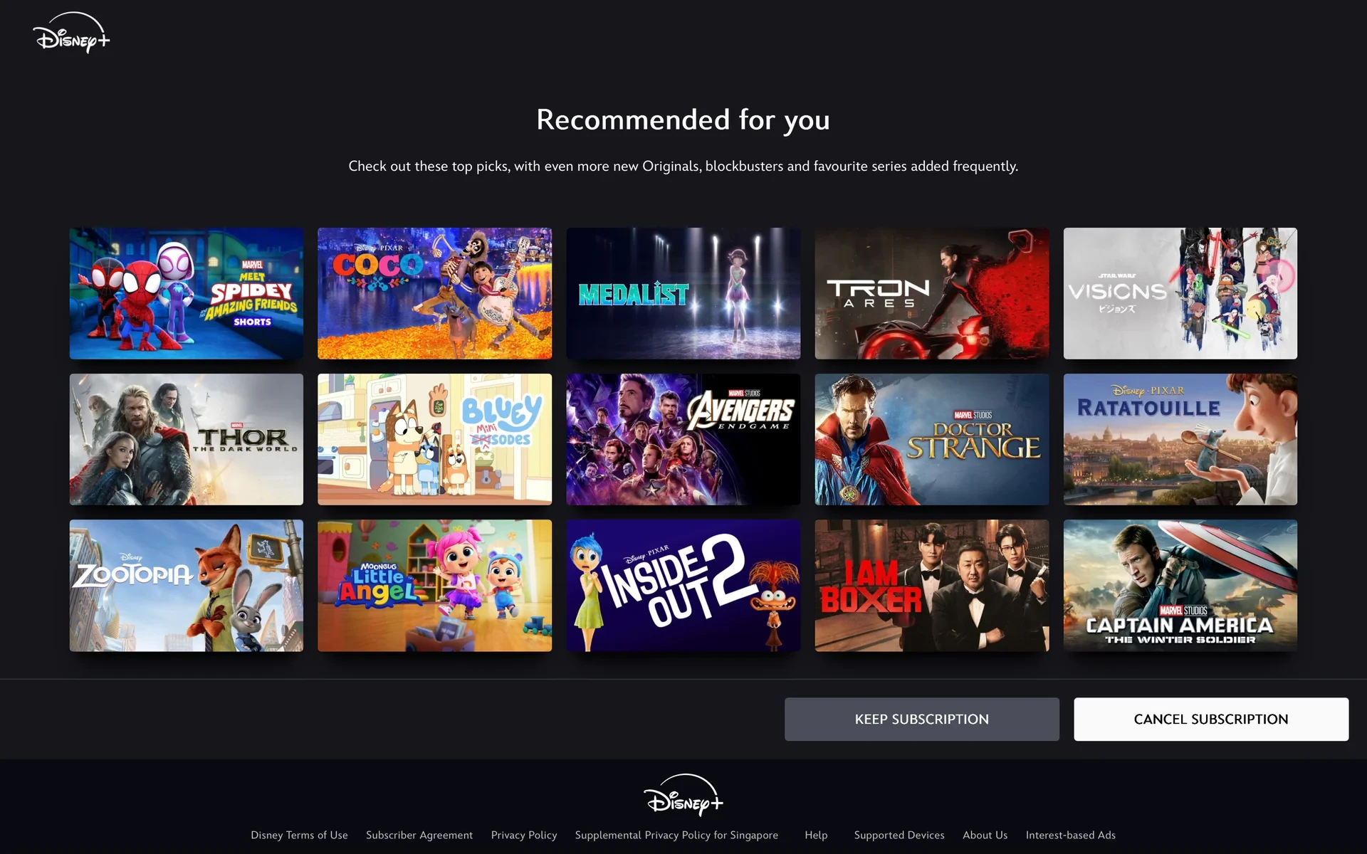 Disney+ retention page titled "Recommended for you" showing a grid of movie and series thumbnails including Tron, Coco, Ratatouille, Inside Out 2, and Captain America, with KEEP SUBSCRIPTION and CANCEL SUBSCRIPTION buttons at the bottom
