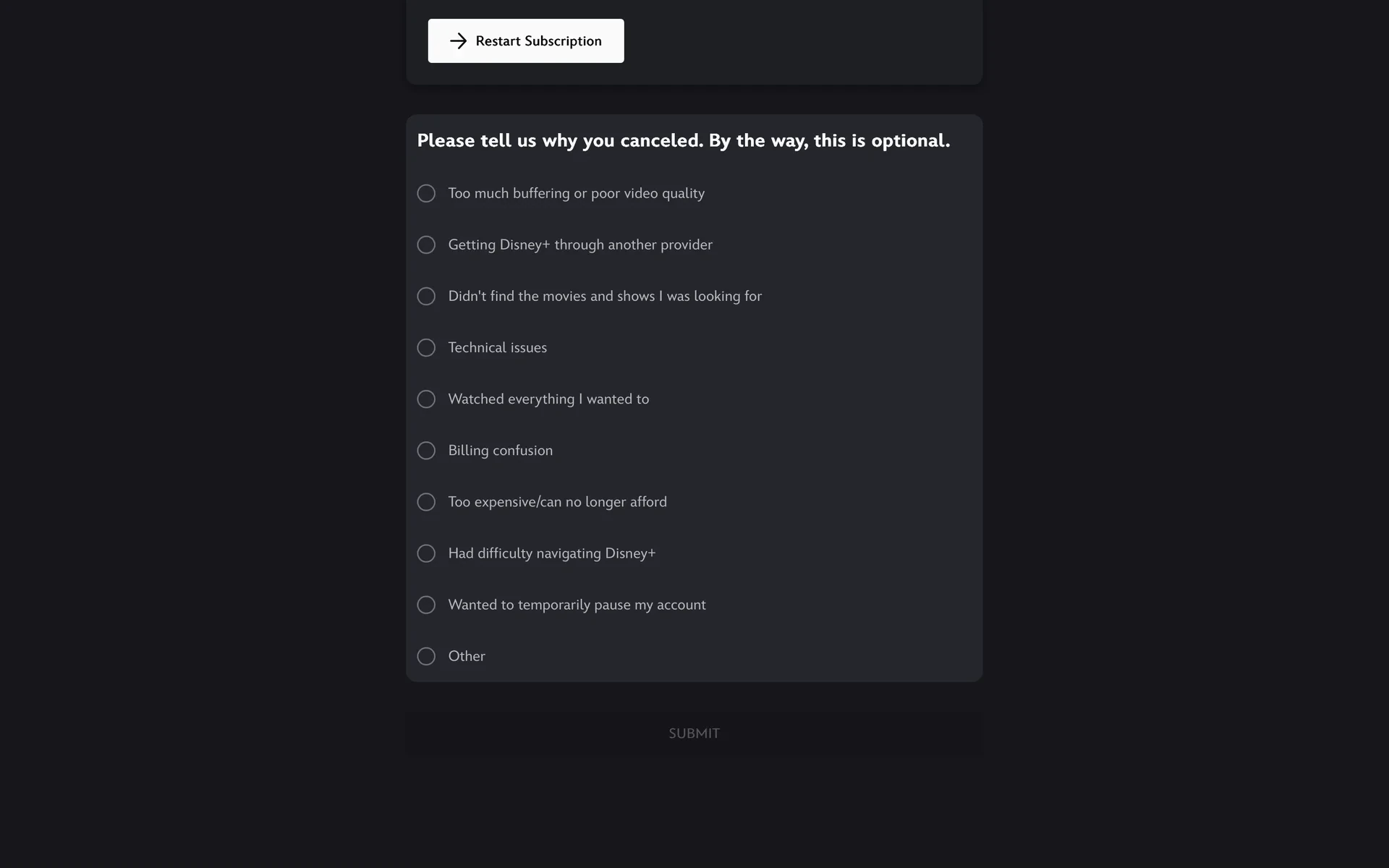 Disney+ post-cancellation survey titled "Please tell us why you canceled. By the way, this is optional." with ten radio options including Too much buffering or poor video quality, Didn't find the movies and shows I was looking for, Too expensive/can no longer afford, and Wanted to temporarily pause my account