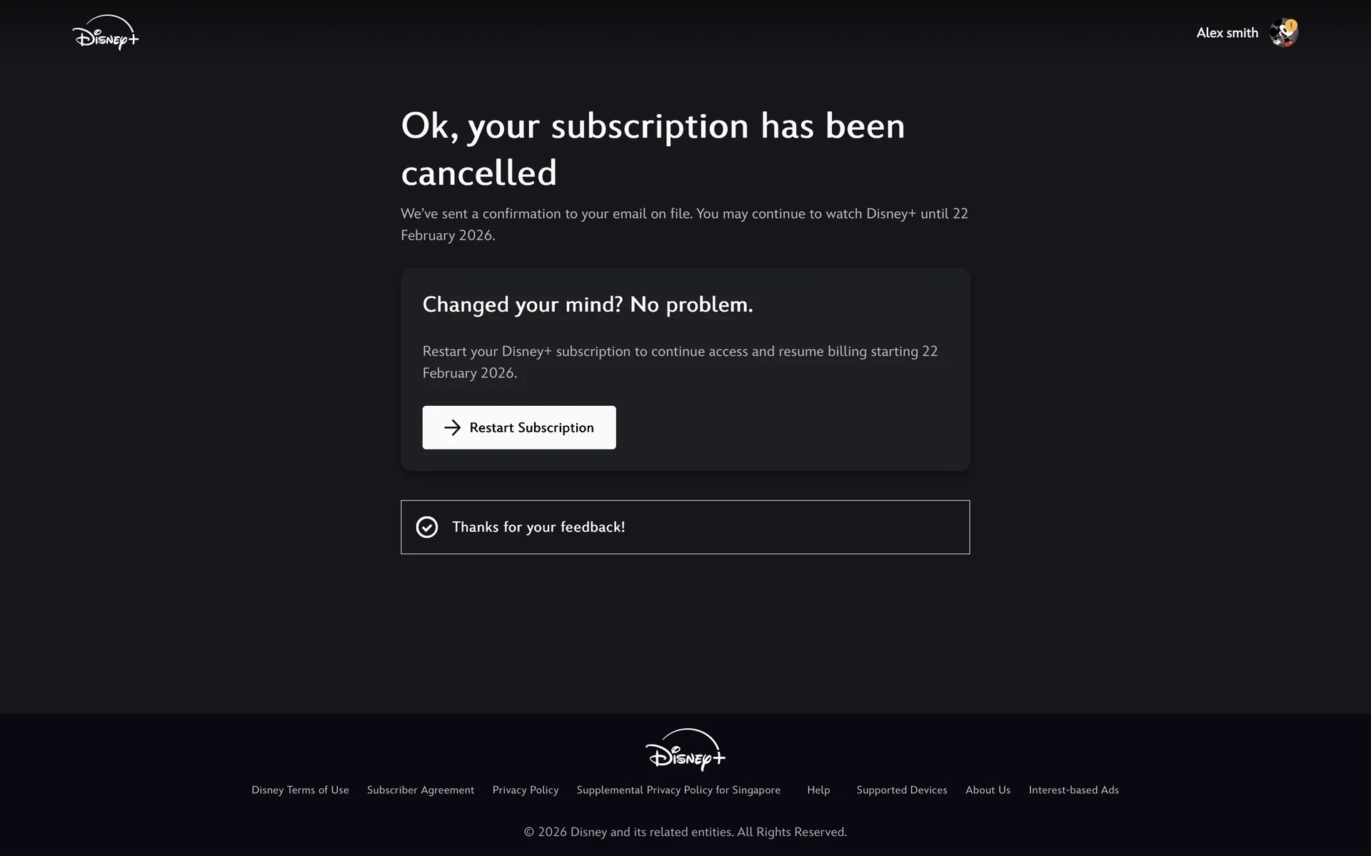 Disney+ post-feedback page showing the Changed your mind? No problem. card with a Restart Subscription button, and a Thanks for your feedback! confirmation banner below